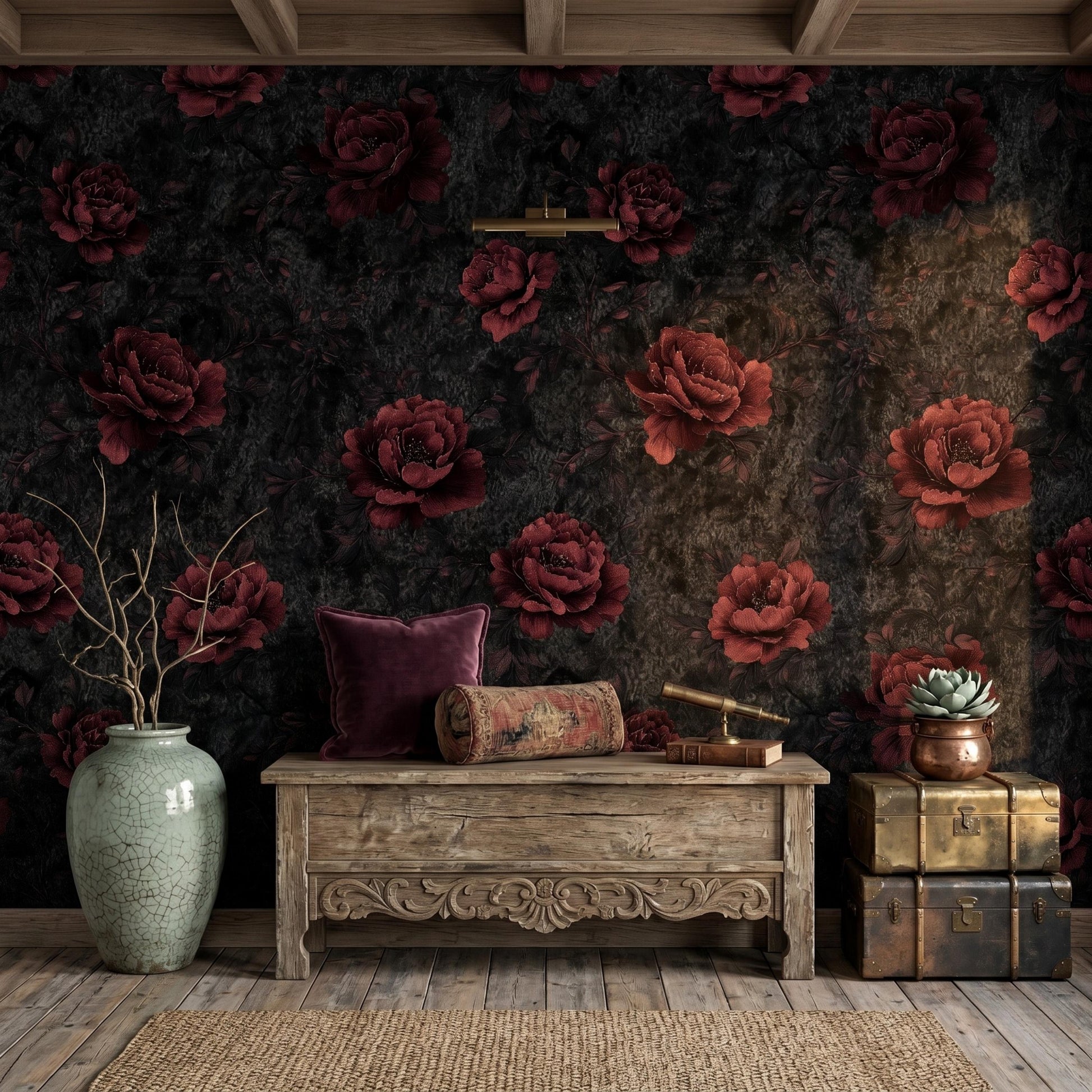 Dark Floral Wallpaper Peel and Stick Moody Burgundy Rose Wall Mural Gothic Black and Red Flower Wallpaper Dark Botanical Wall Decor-WP0094