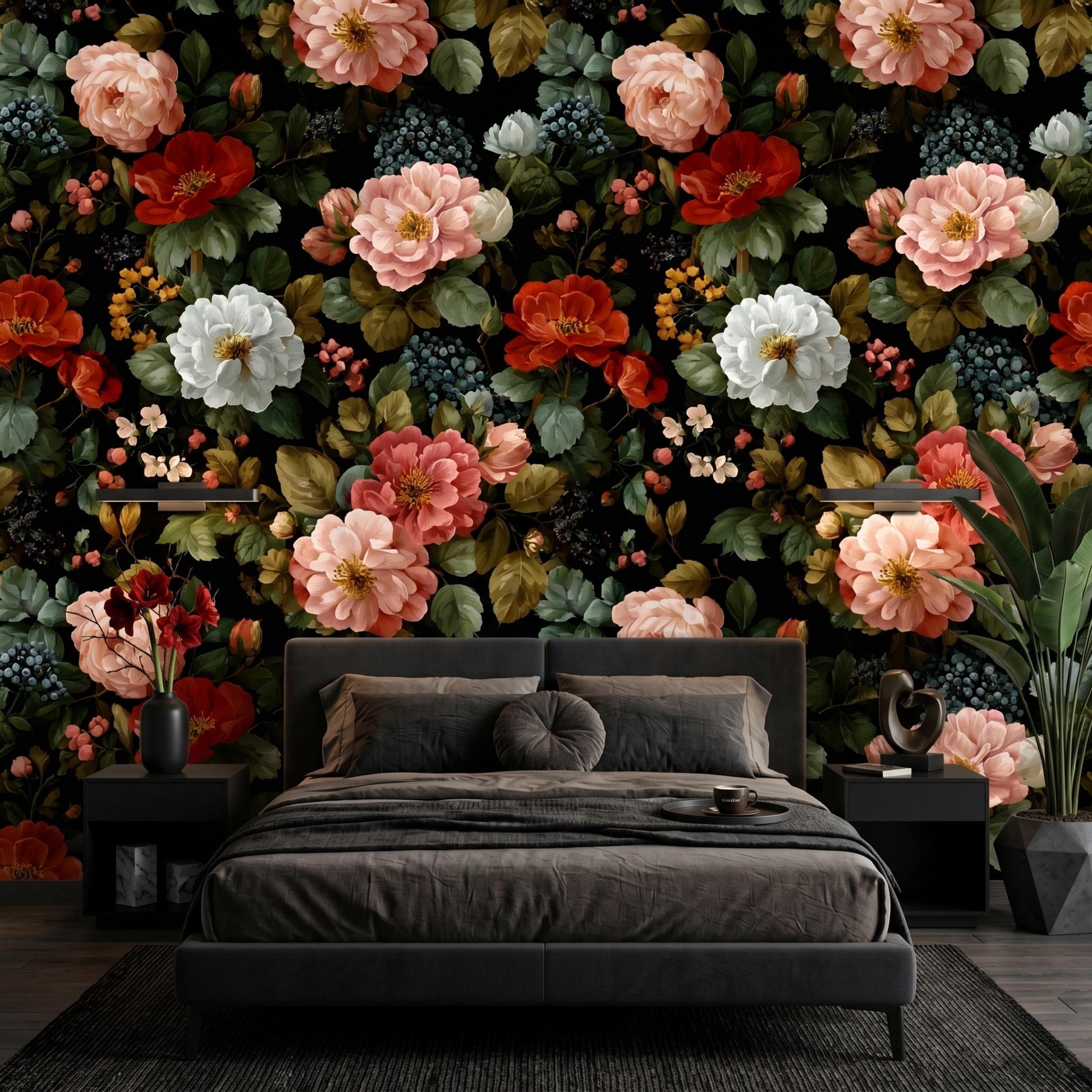 Vintage Floral Wallpaper Peel and Stick, Dark Moody Flower Wall Mural, Victorian Gothic Decor, Removable Botanical Wallpaper Living-WP0095