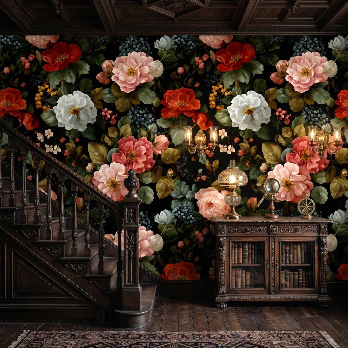 Vintage Floral Wallpaper Peel and Stick, Dark Moody Flower Wall Mural, Victorian Gothic Decor, Removable Botanical Wallpaper Living-WP0095
