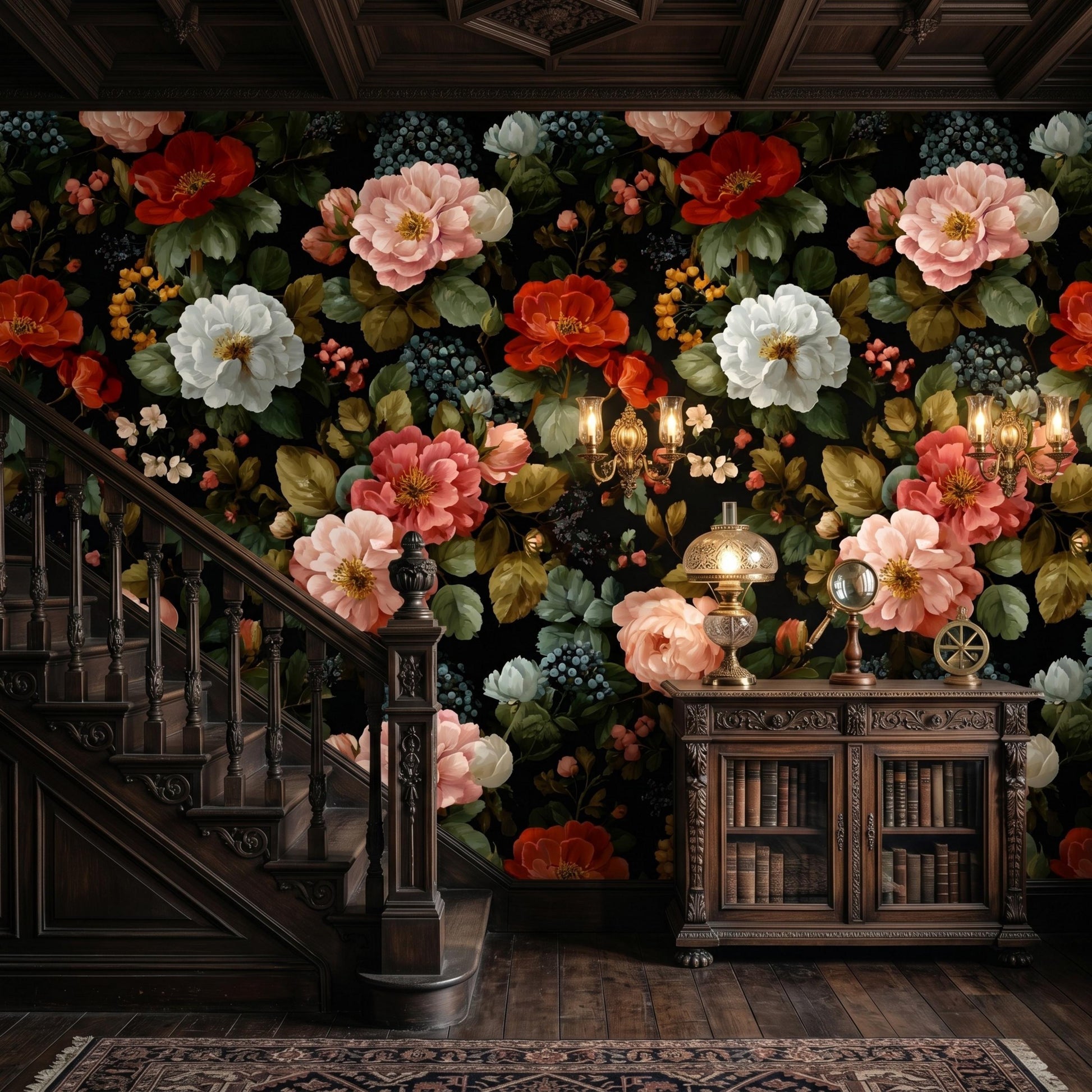Vintage Floral Wallpaper Peel and Stick, Dark Moody Flower Wall Mural, Victorian Gothic Decor, Removable Botanical Wallpaper Living-WP0095