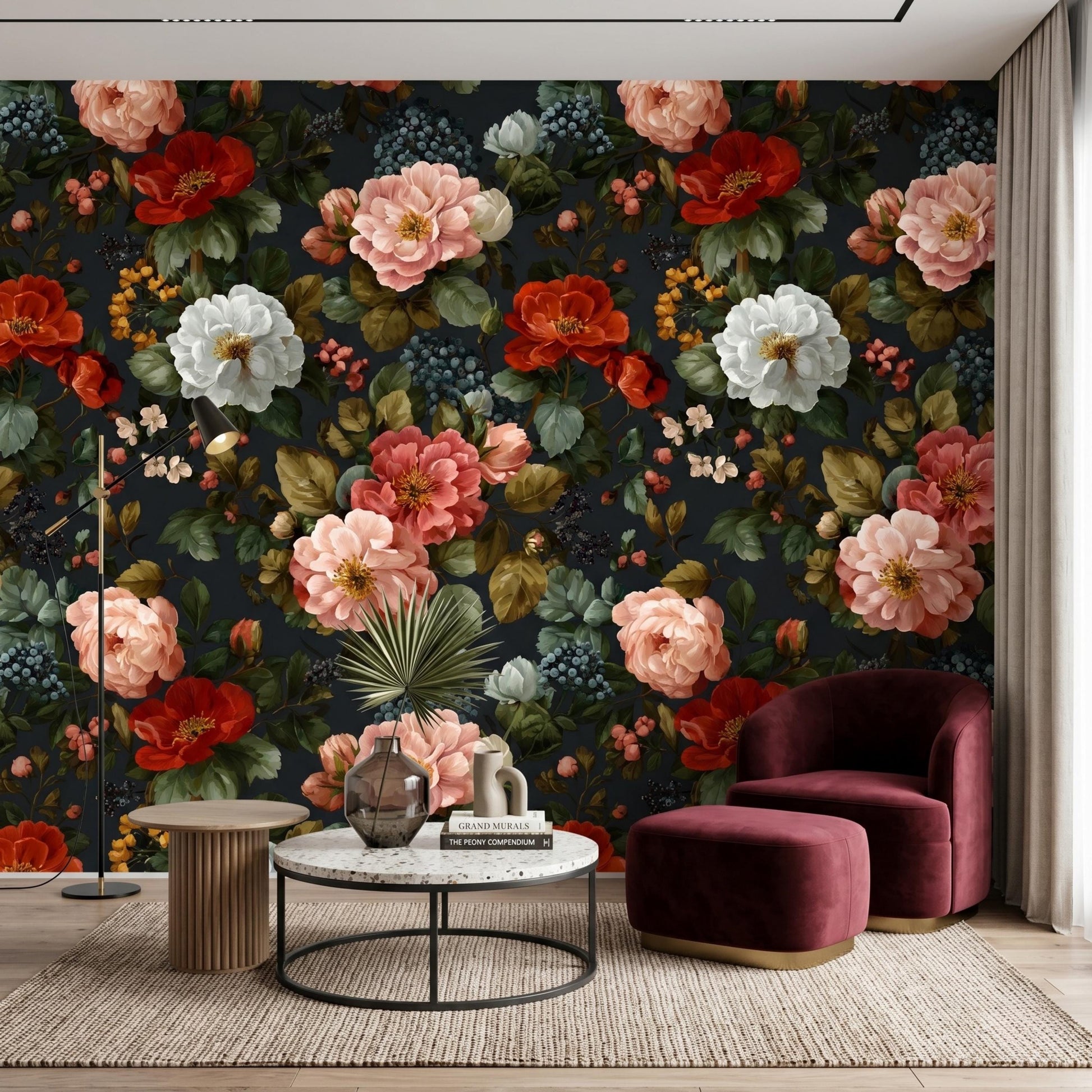 Vintage Floral Wallpaper Peel and Stick, Dark Moody Flower Wall Mural, Victorian Gothic Decor, Removable Botanical Wallpaper Living-WP0095