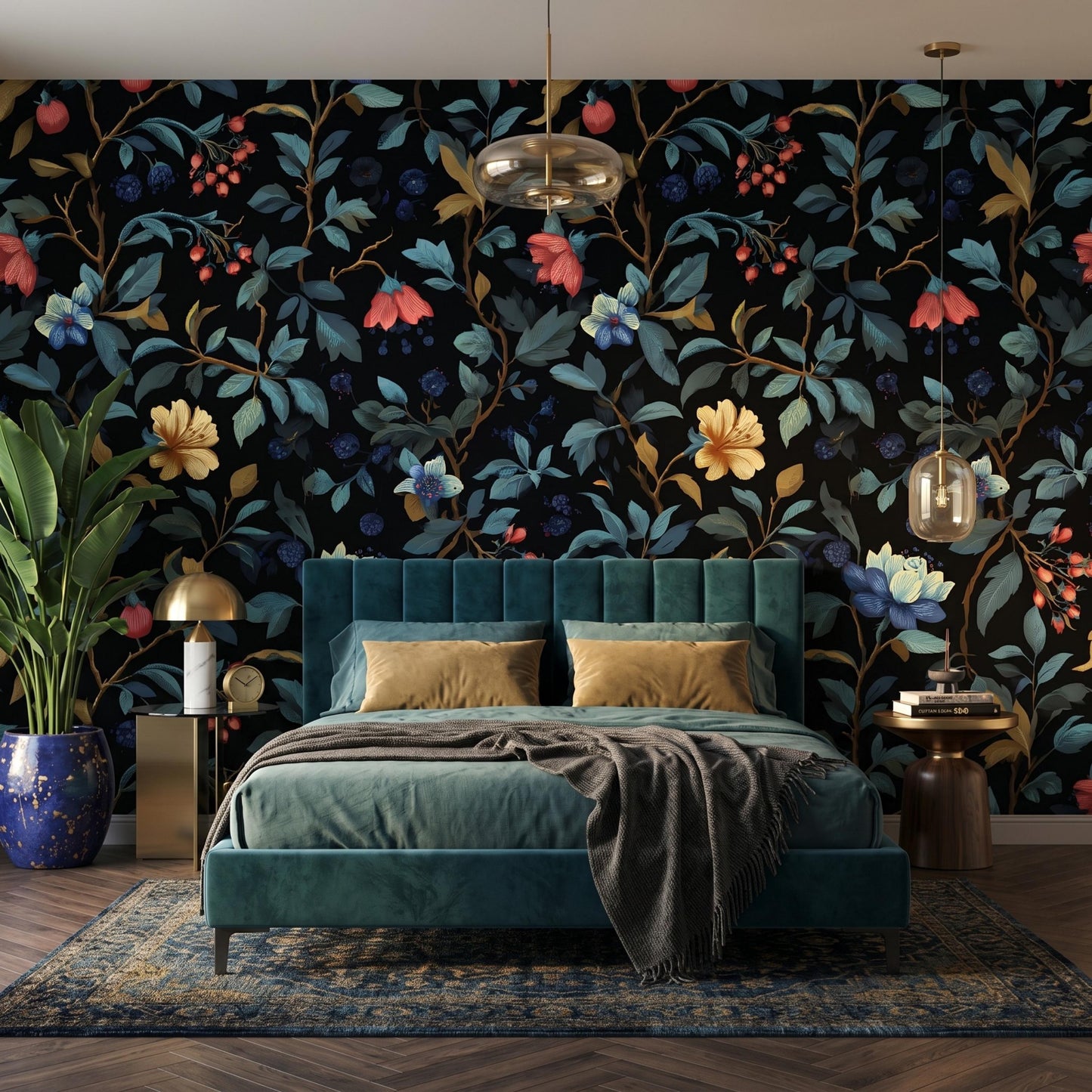 Moody Flower Pattern Wallpaper, Dark Botanical Removable Mural, Gothic Floral Peel and Stick, Vintage Dark Living Room Decor-WP0096