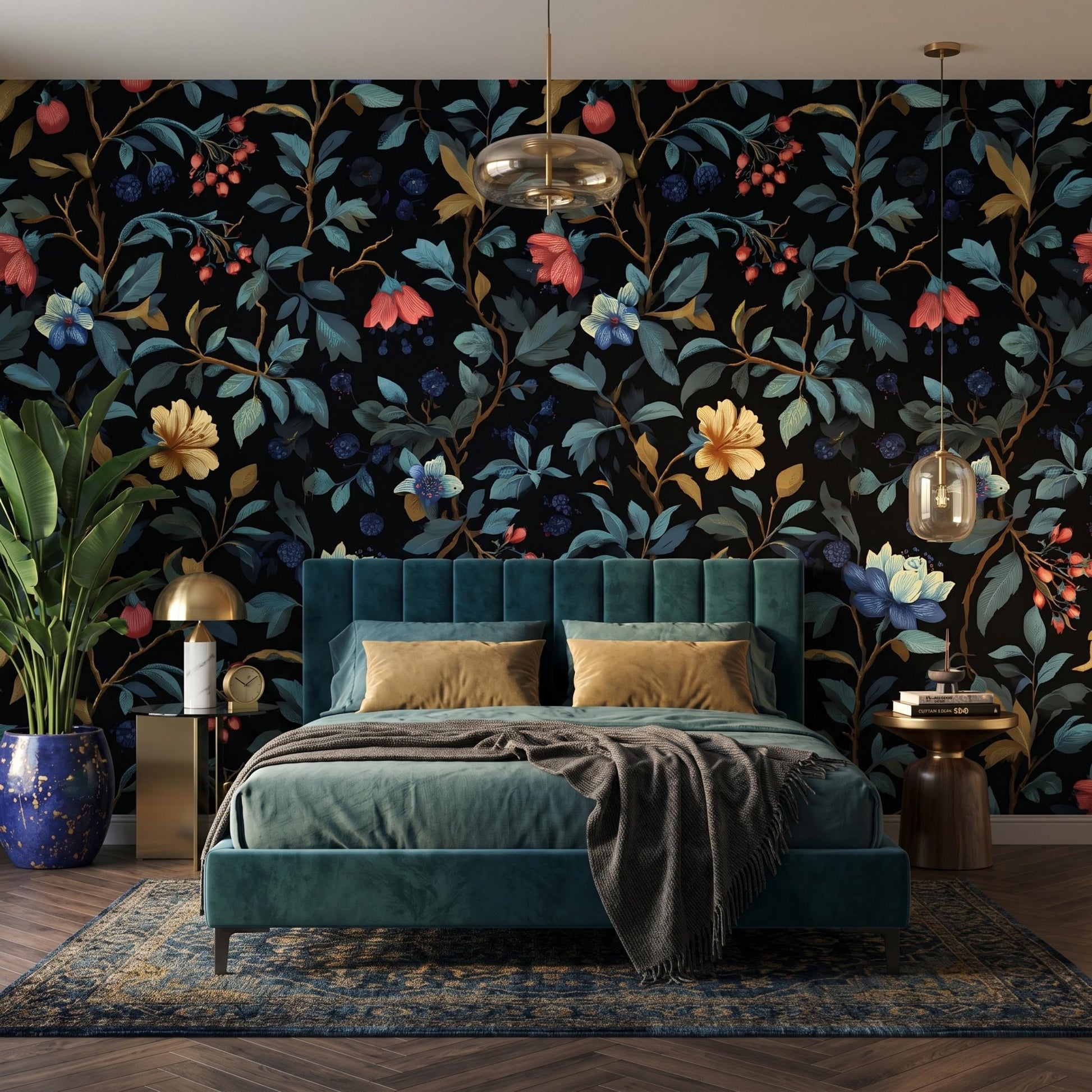 Moody Flower Pattern Wallpaper, Dark Botanical Removable Mural, Gothic Floral Peel and Stick, Vintage Dark Living Room Decor-WP0096