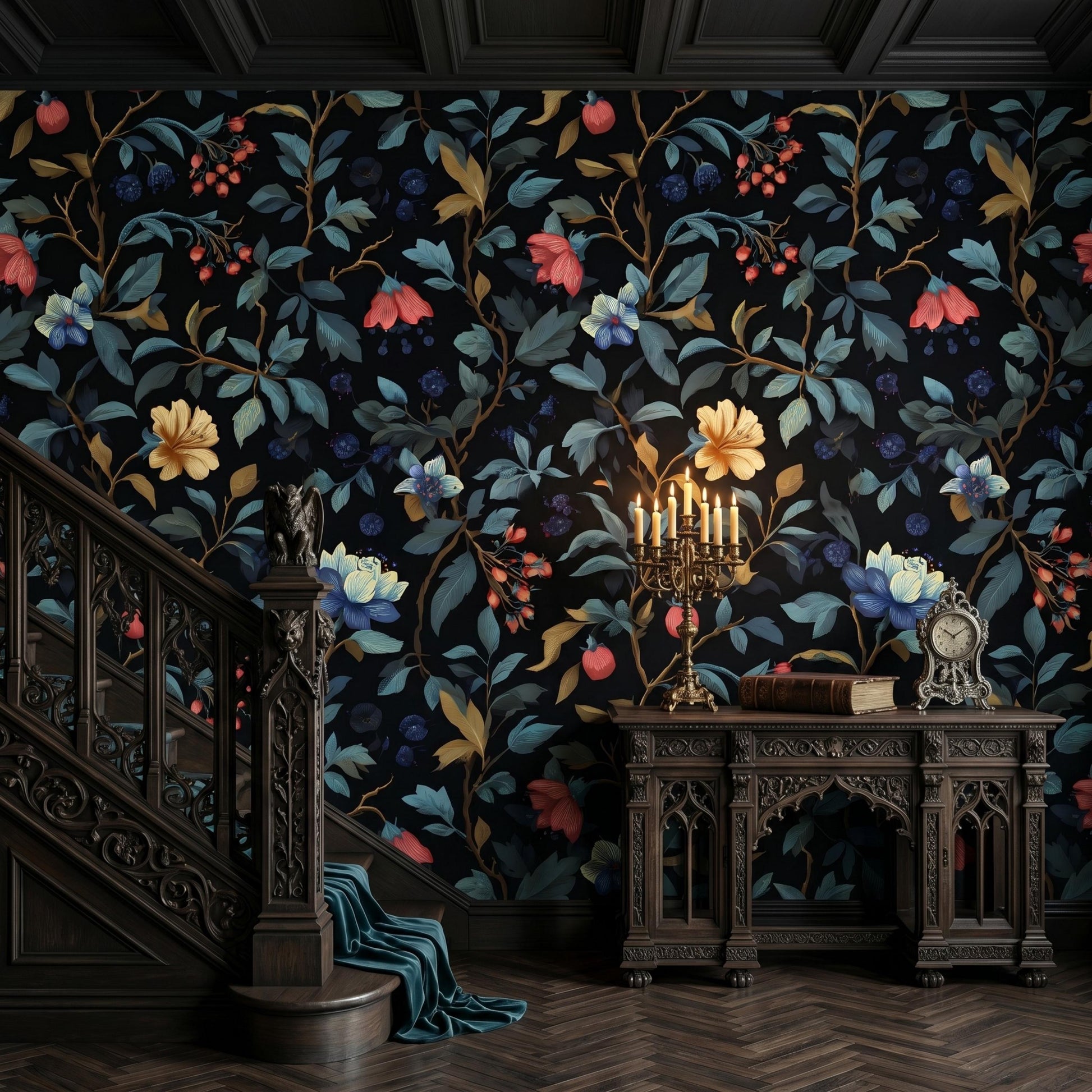 Moody Flower Pattern Wallpaper, Dark Botanical Removable Mural, Gothic Floral Peel and Stick, Vintage Dark Living Room Decor-WP0096