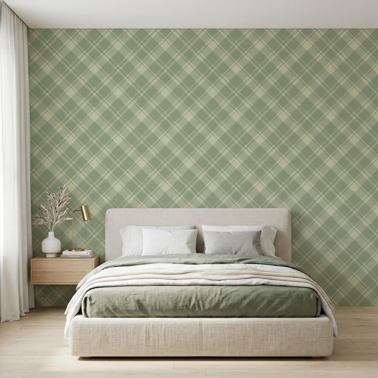 Preppy Sage Green Plaid Wallpaper, Checkered Removable Wall Mural, Tartan Peel and Stick Vintage Geometric Wall Decor-WP0098