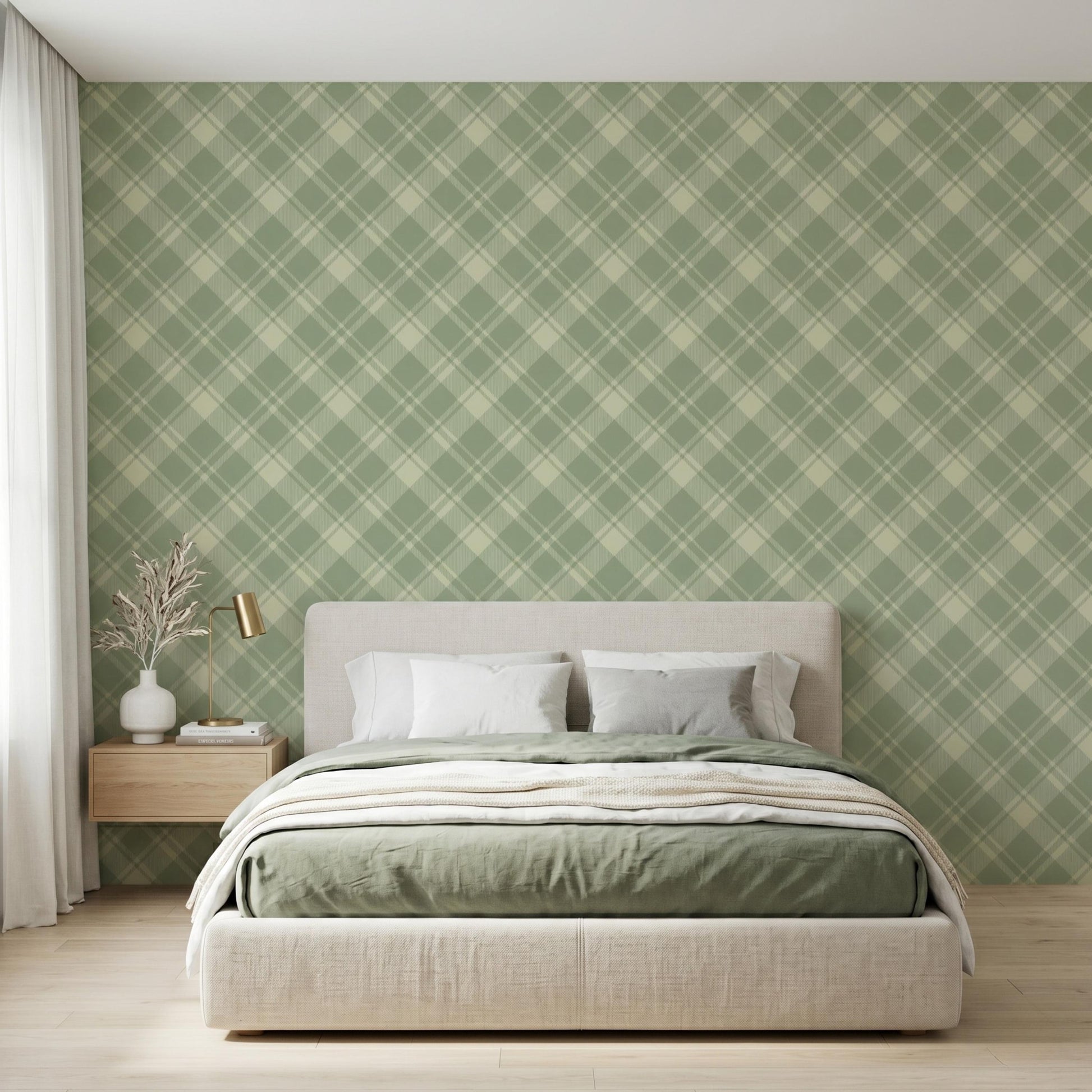 Preppy Sage Green Plaid Wallpaper, Checkered Removable Wall Mural, Tartan Peel and Stick Vintage Geometric Wall Decor-WP0098