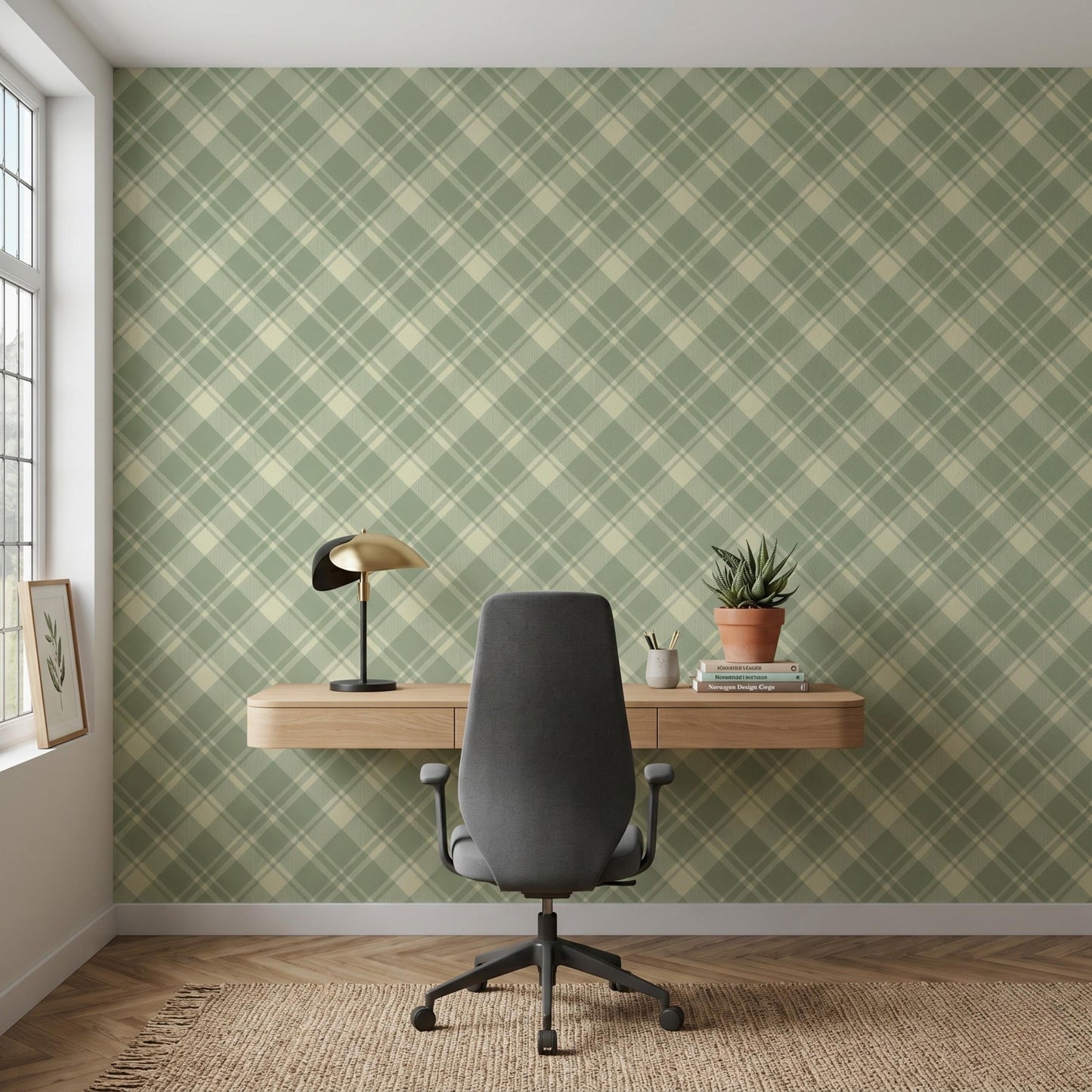 Preppy Sage Green Plaid Wallpaper, Checkered Removable Wall Mural, Tartan Peel and Stick Vintage Geometric Wall Decor-WP0098