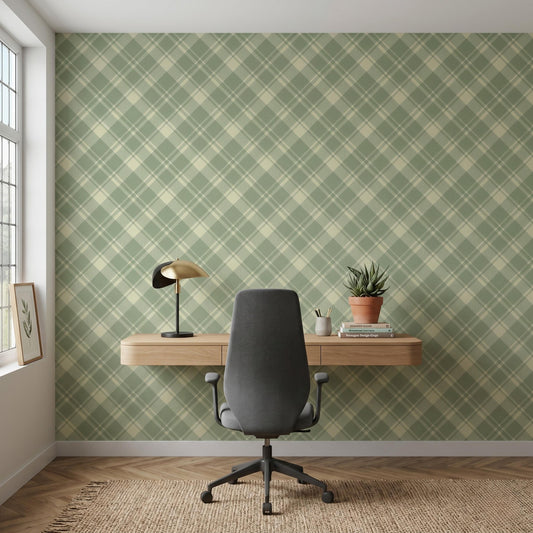 Preppy Sage Green Plaid Wallpaper, Checkered Removable Wall Mural, Tartan Peel and Stick Vintage Geometric Wall Decor-WP0098
