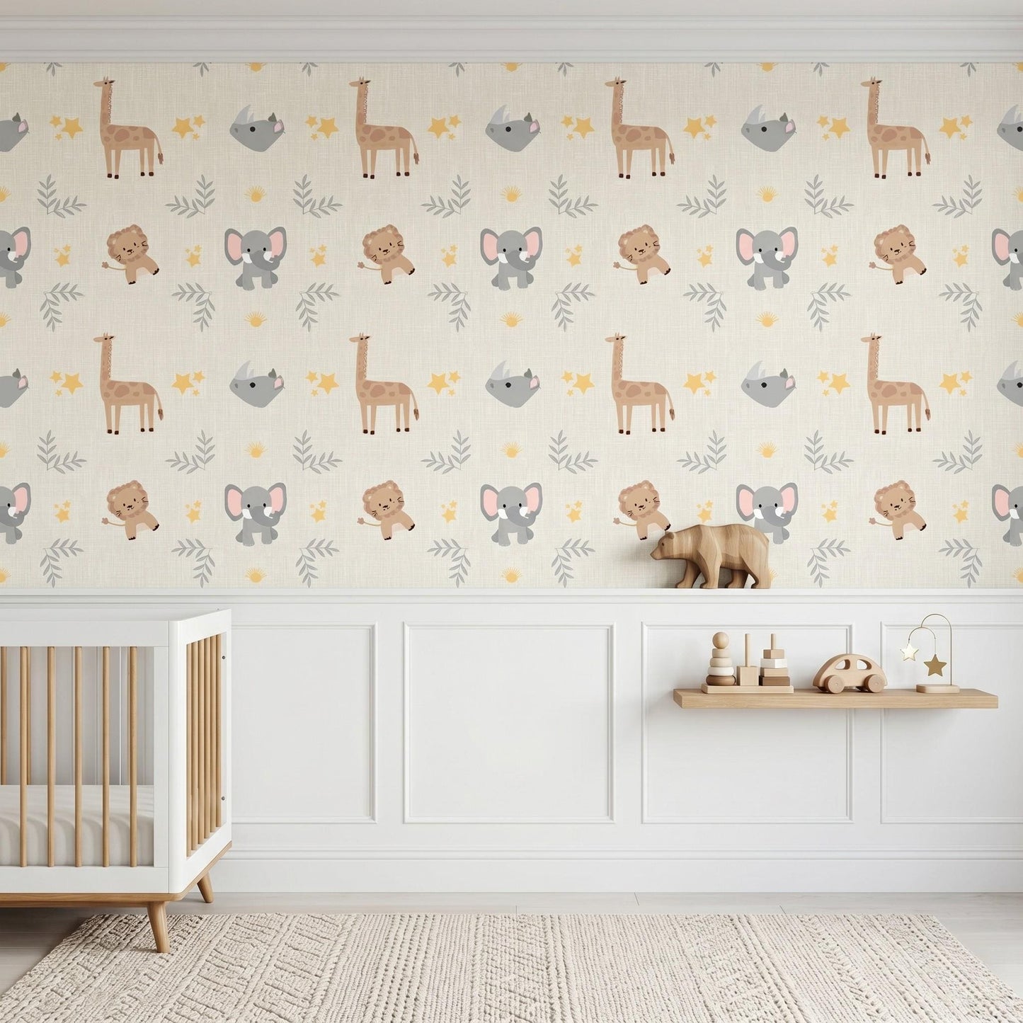 Beige Safari Animal Nursery Wallpaper, Gender Neutral Kids Room Decor, Neutral Jungle Theme Baby Room Wall Art-WP0065