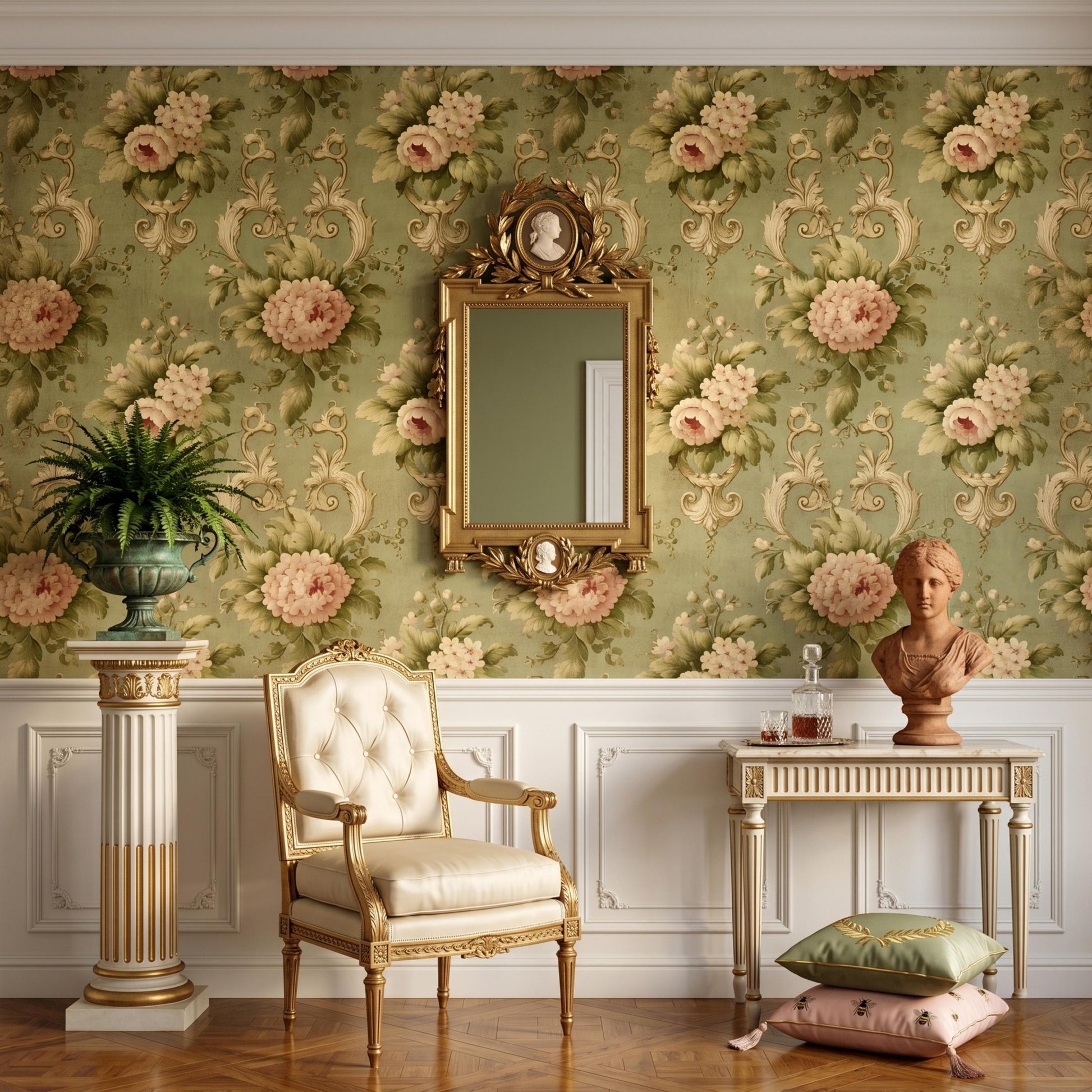 Sage Green Floral Peony Wallpaper, Rococo Victorian Wall Decor, Cottagecore Home Design-WP0031