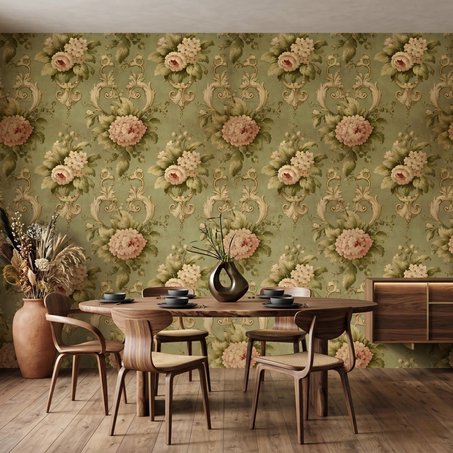 Sage Green Floral Peony Wallpaper, Rococo Victorian Wall Decor, Cottagecore Home Design-WP0031