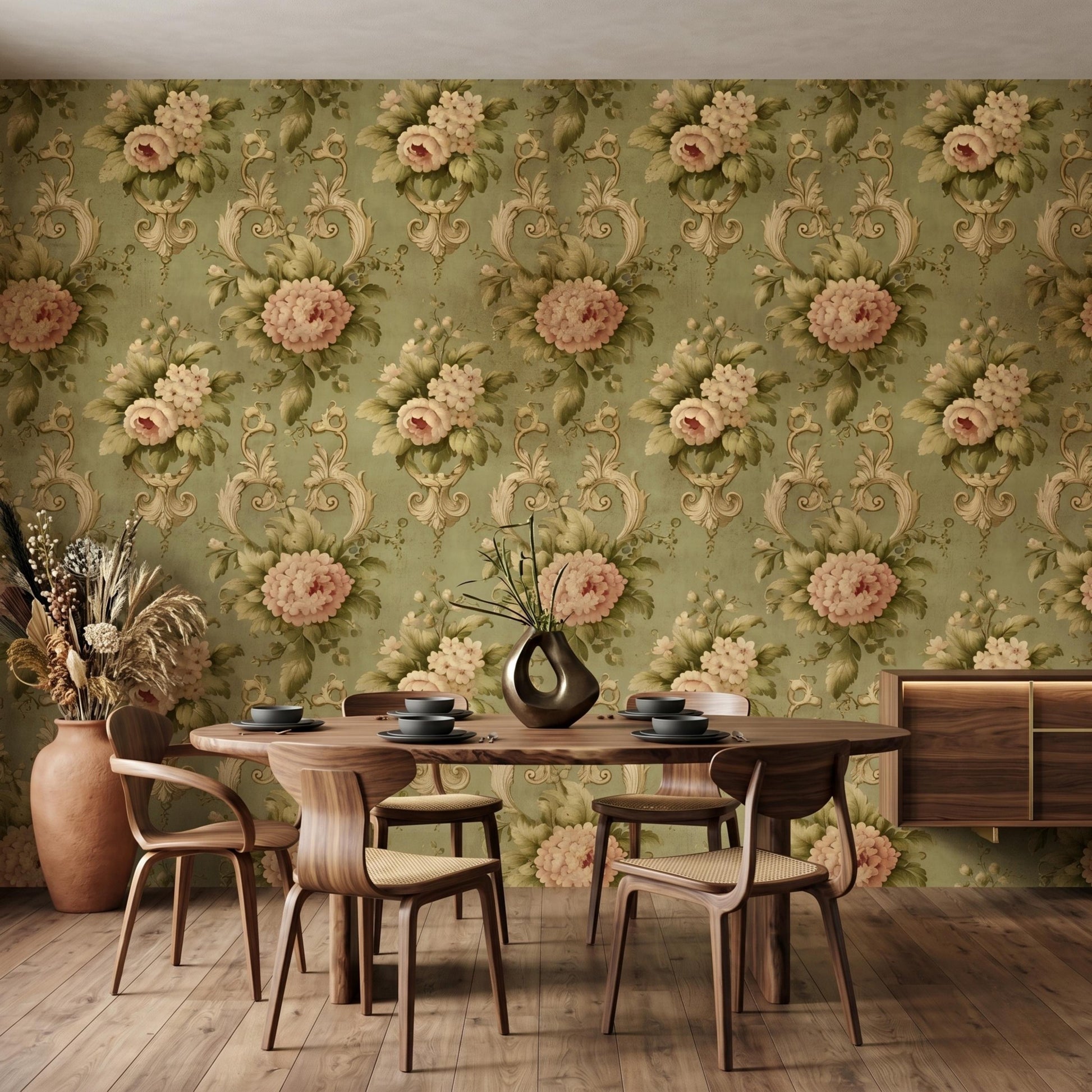 Sage Green Floral Peony Wallpaper, Rococo Victorian Wall Decor, Cottagecore Home Design-WP0031