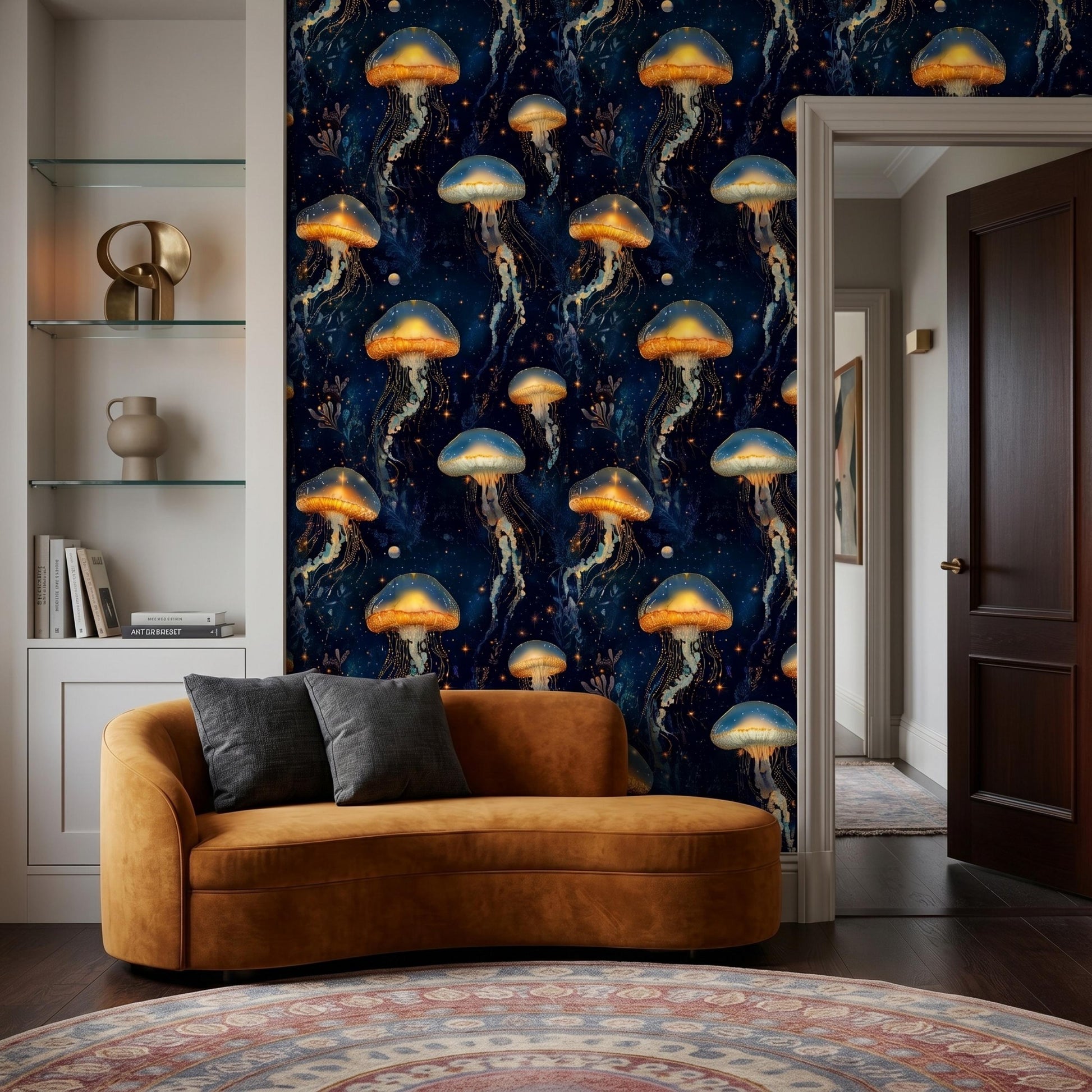 Dark Maximalist Wallpaper, Bioluminescent Jellyfish Wall Mural, Cosmic Ocean Peel and Stick, Glowing Deep Sea Decor, Moody Room Wall-WP0099