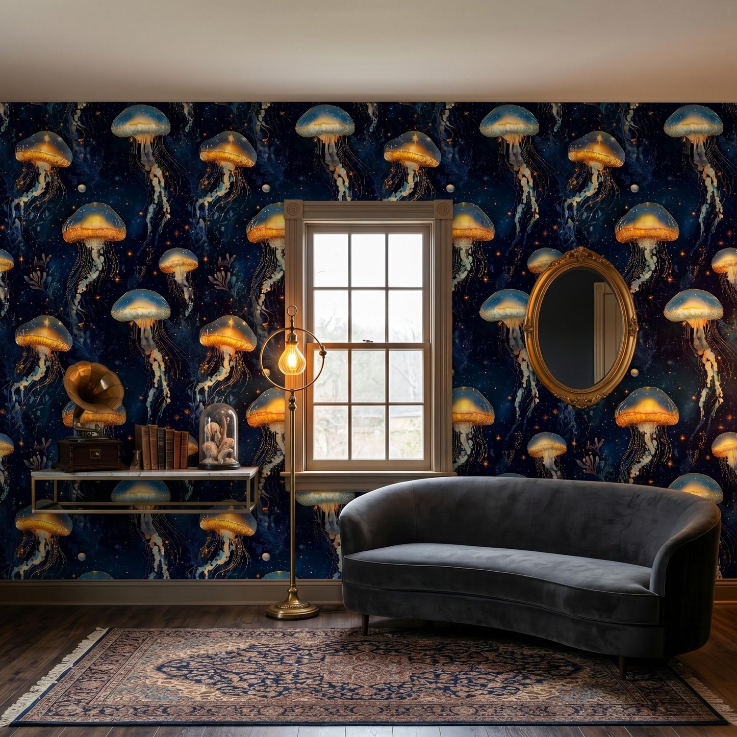 Dark Maximalist Wallpaper, Bioluminescent Jellyfish Wall Mural, Cosmic Ocean Peel and Stick, Glowing Deep Sea Decor, Moody Room Wall-WP0099