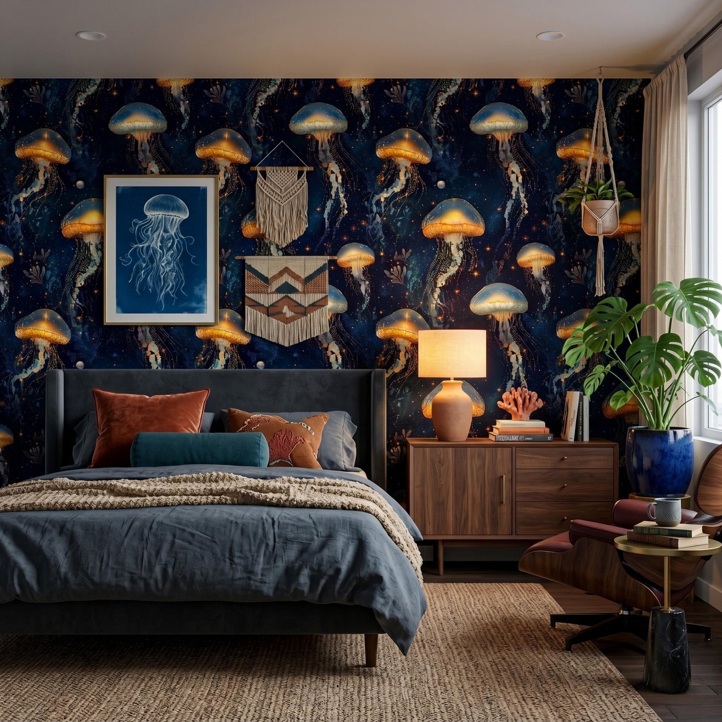 Dark Maximalist Wallpaper, Bioluminescent Jellyfish Wall Mural, Cosmic Ocean Peel and Stick, Glowing Deep Sea Decor, Moody Room Wall-WP0099