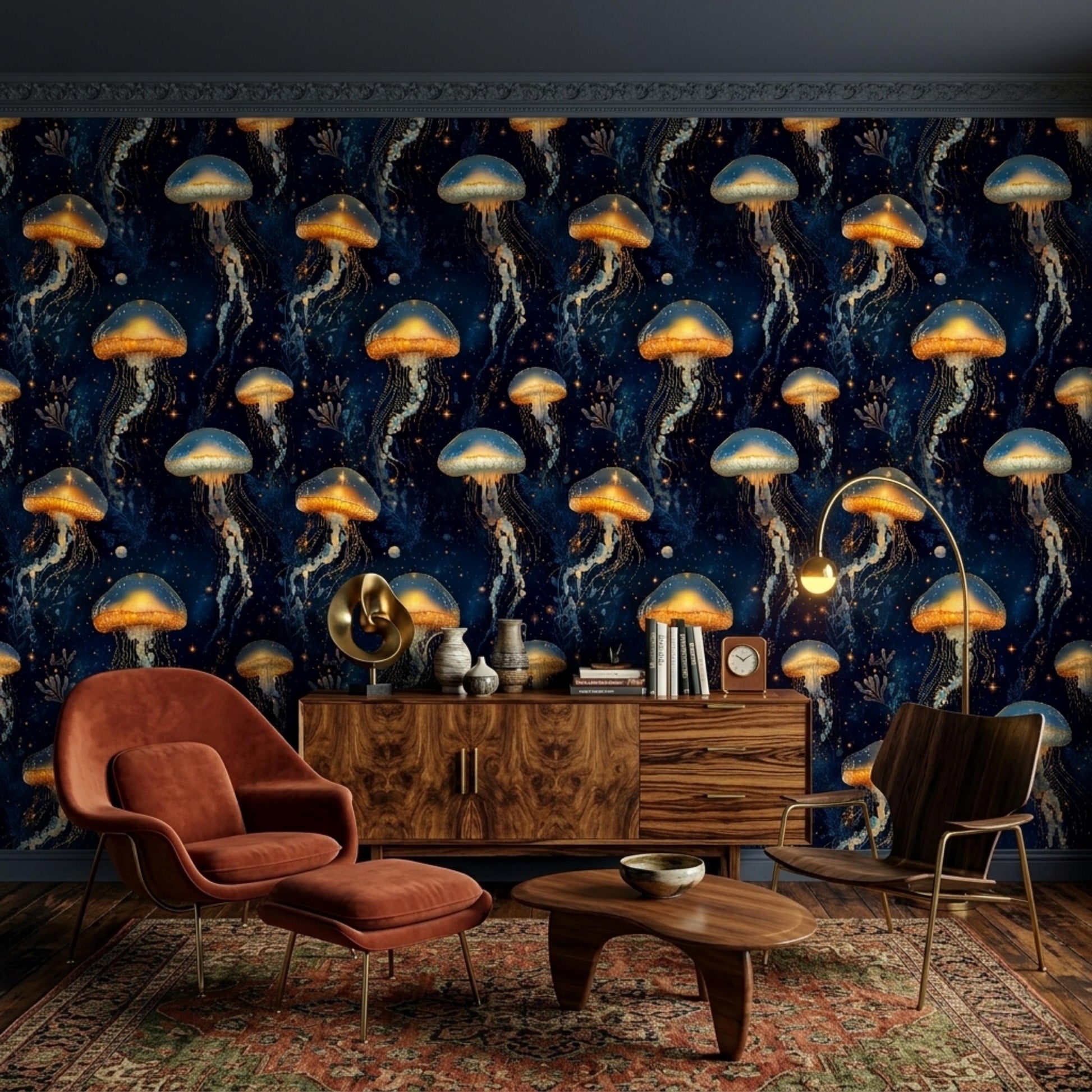 Dark Maximalist Wallpaper, Bioluminescent Jellyfish Wall Mural, Cosmic Ocean Peel and Stick, Glowing Deep Sea Decor, Moody Room Wall-WP0099