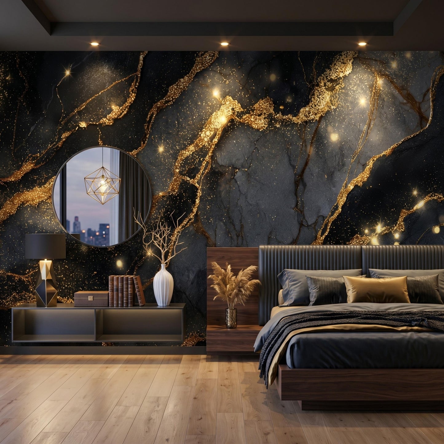 Elegant Black Gold Wallpaper Mural, Abstract Marble Wall Decor, Dark Glam Aesthetic, Custom Size Removable Wall Covering-WP0100