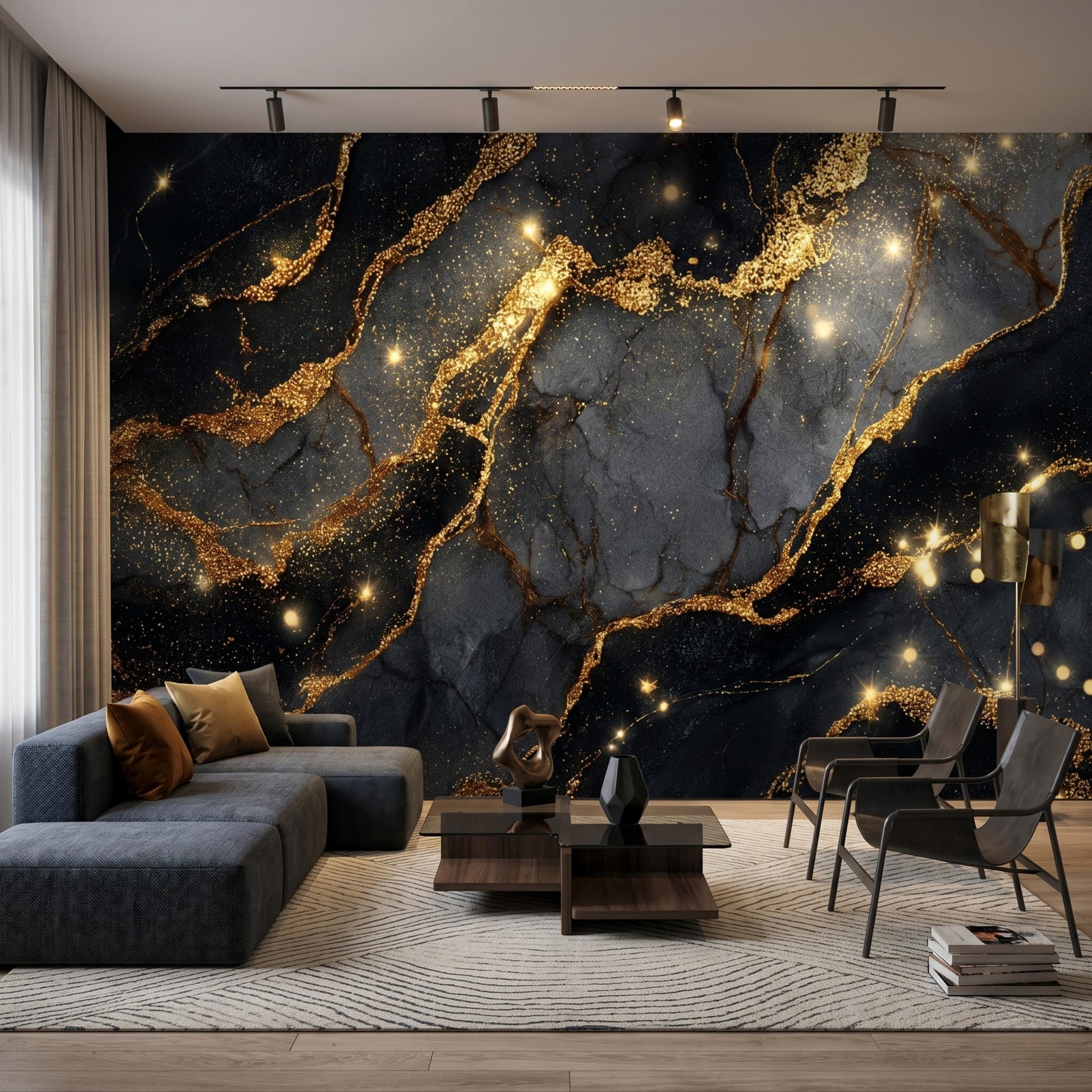 Elegant Black Gold Wallpaper Mural, Abstract Marble Wall Decor, Dark Glam Aesthetic, Custom Size Removable Wall Covering-WP0100