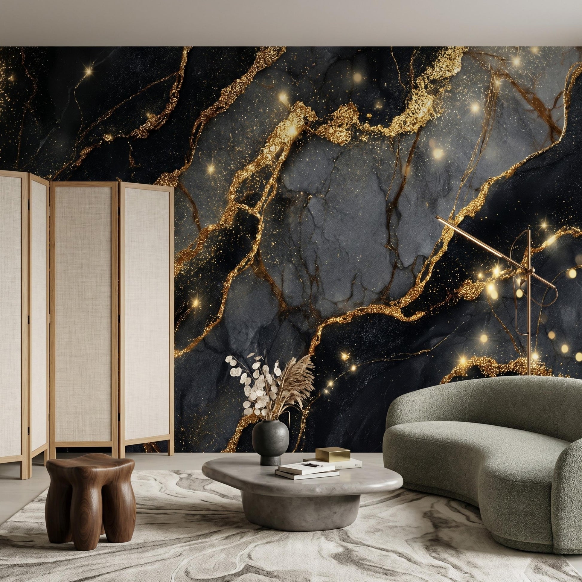 Elegant Black Gold Wallpaper Mural, Abstract Marble Wall Decor, Dark Glam Aesthetic, Custom Size Removable Wall Covering-WP0100