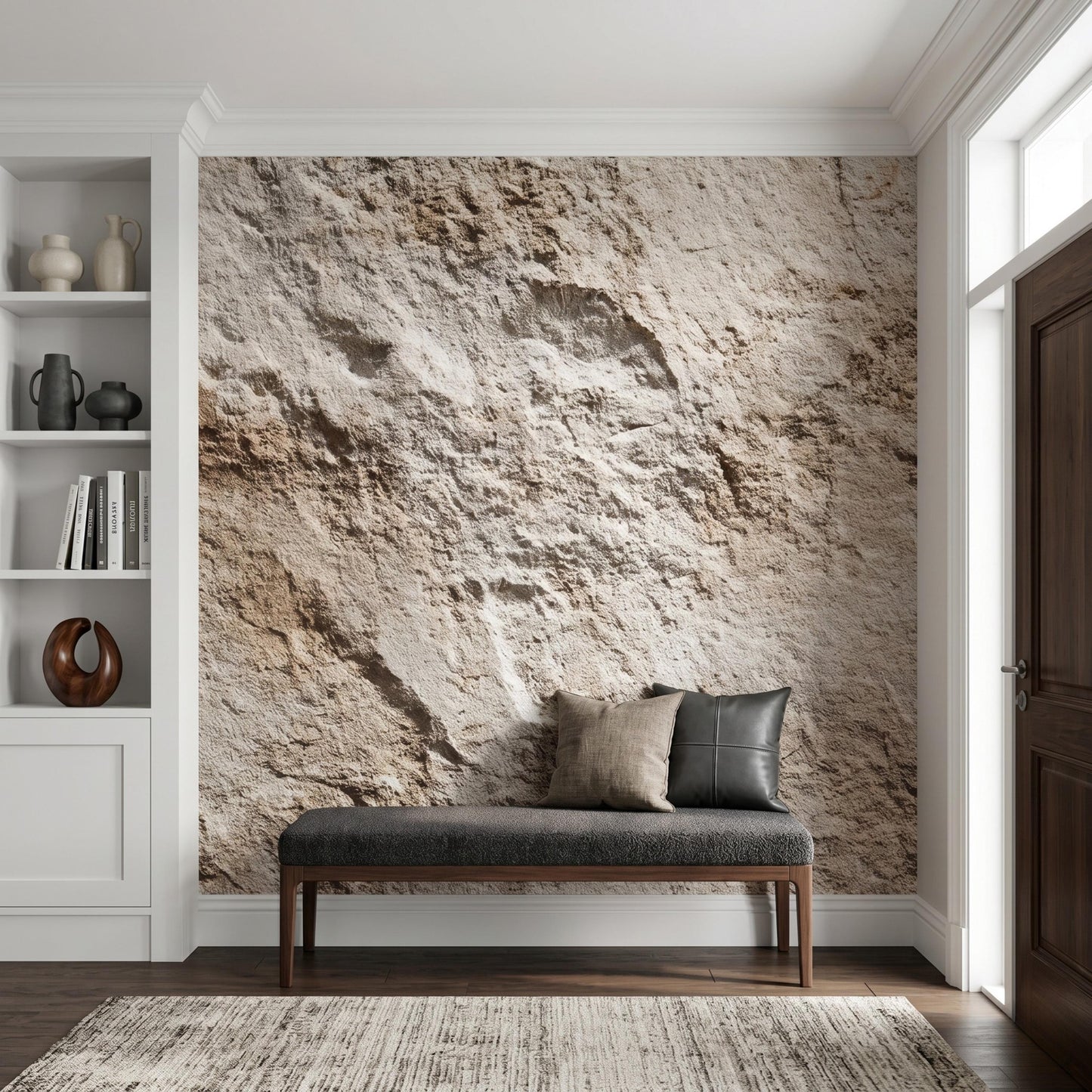Faux Stone Wallpaper Peel and Stick, Natural Rock Wall Mural,Rustic Travertine Texture Wall Decor Earthy Wabi Sabi Bathroom Wallpaper-WP0101