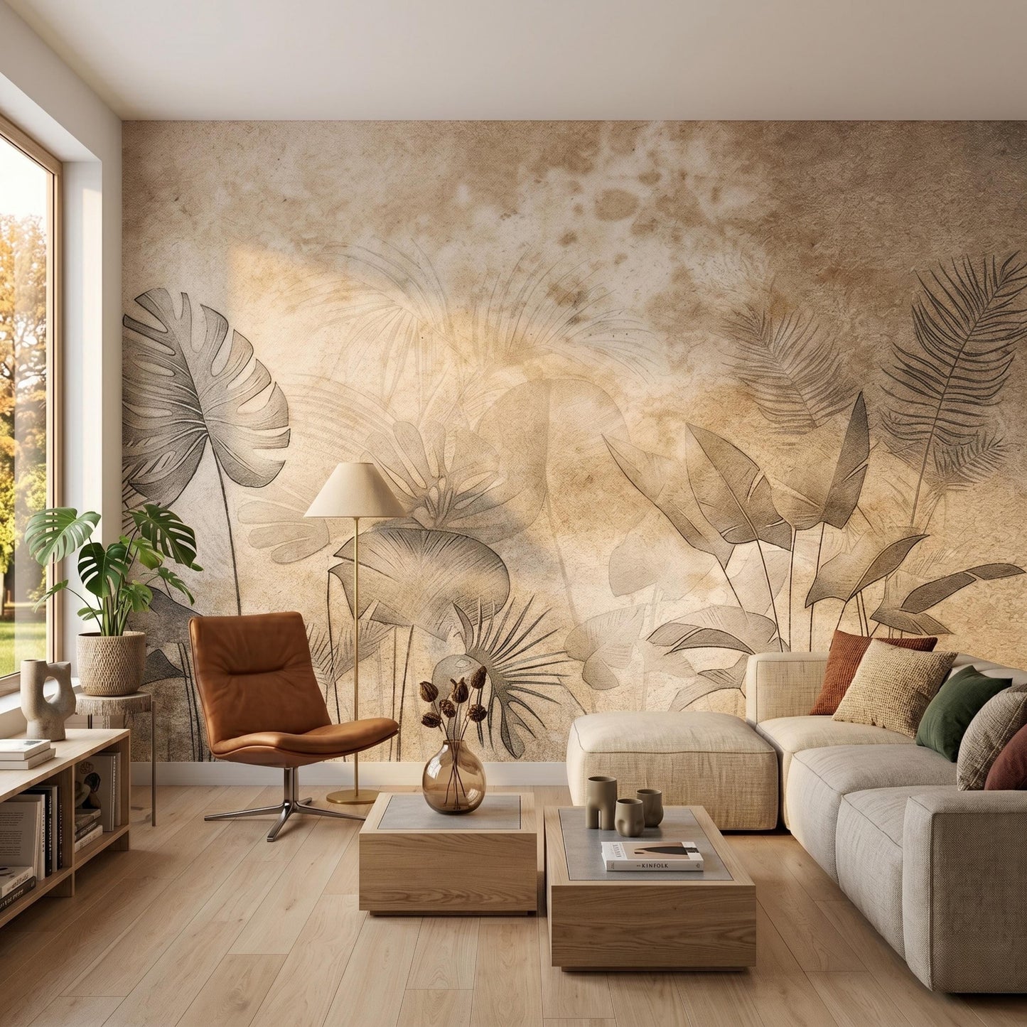 Vintage Botanical Wallpaper Mural, Beige Tropical Leaf Wall Decor, Neutral Sepia Sketch Wallpaper, Rustic Antique Nature Accent Wall-WP0067