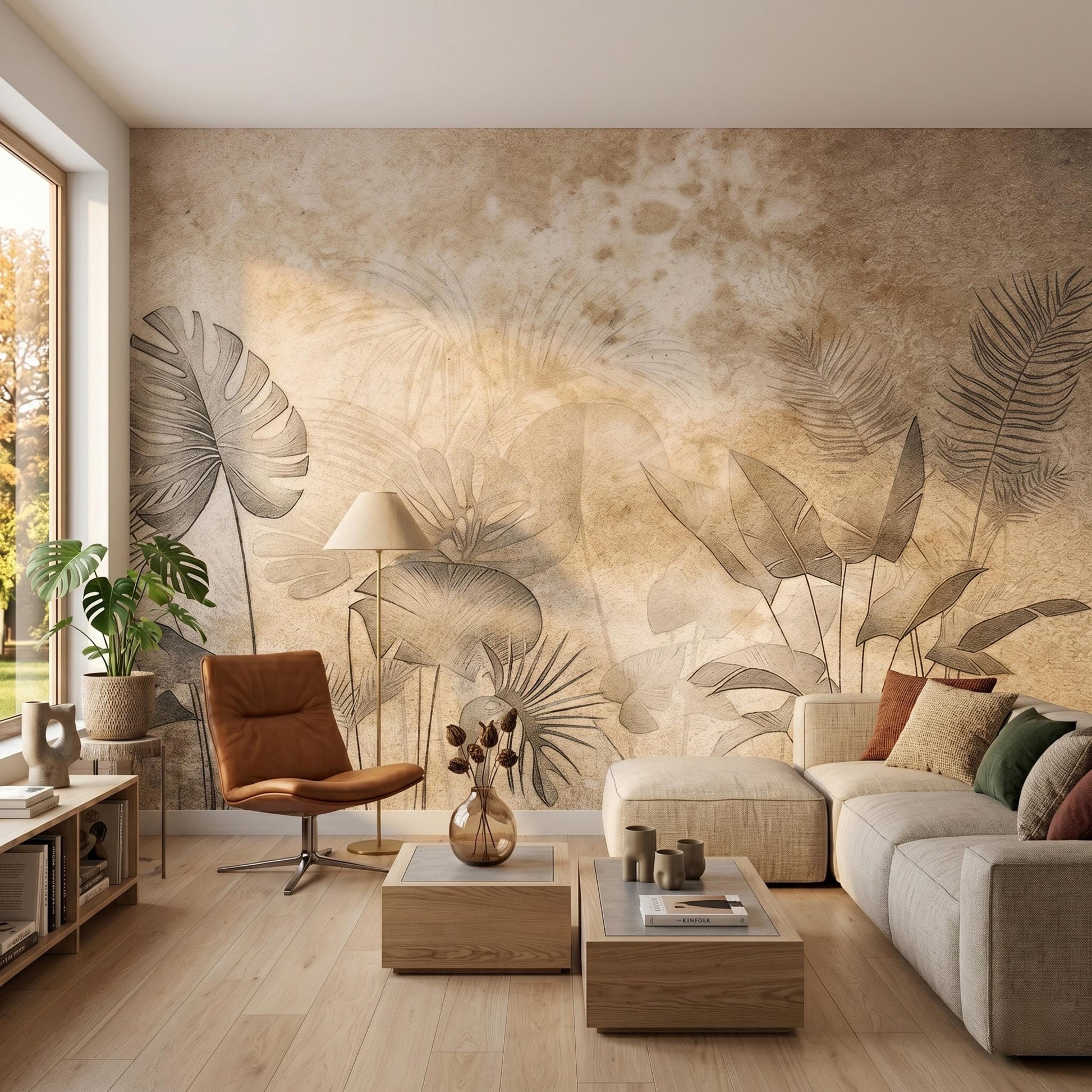 Vintage Botanical Wallpaper Mural, Beige Tropical Leaf Wall Decor, Neutral Sepia Sketch Wallpaper, Rustic Antique Nature Accent Wall-WP0067