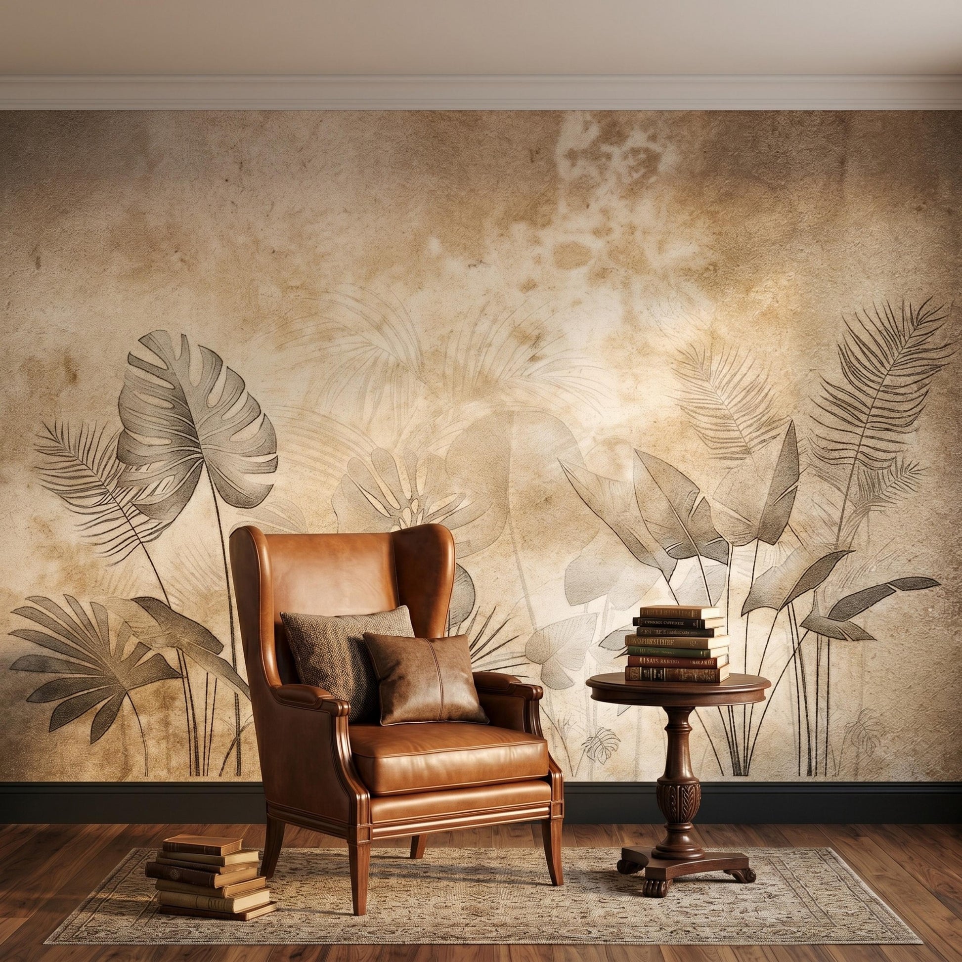 Vintage Botanical Wallpaper Mural, Beige Tropical Leaf Wall Decor, Neutral Sepia Sketch Wallpaper, Rustic Antique Nature Accent Wall-WP0067