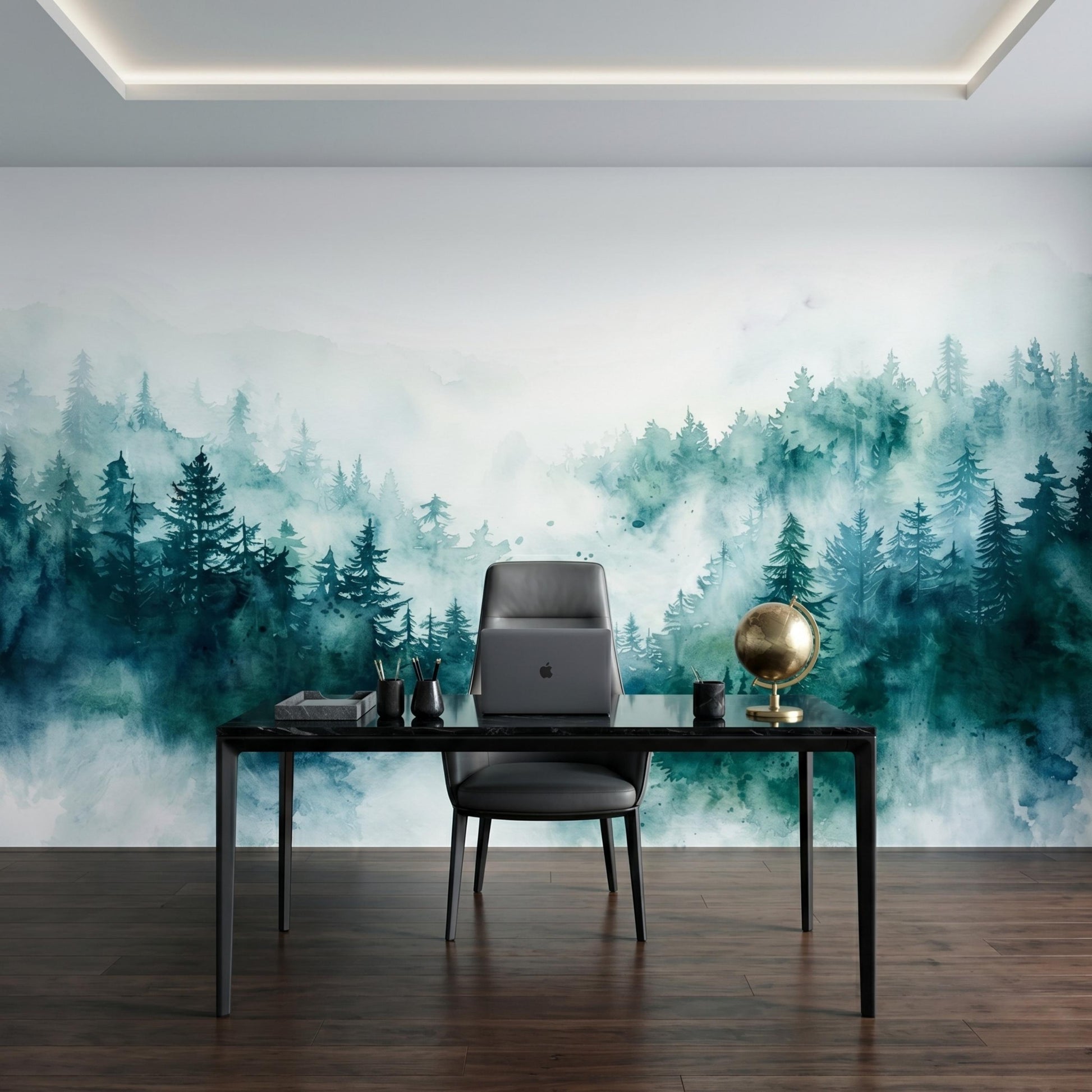 Teal Blue Watercolor Misty Forest Mural, Nature Landscape Peel and Stick Wallpaper-WP0068