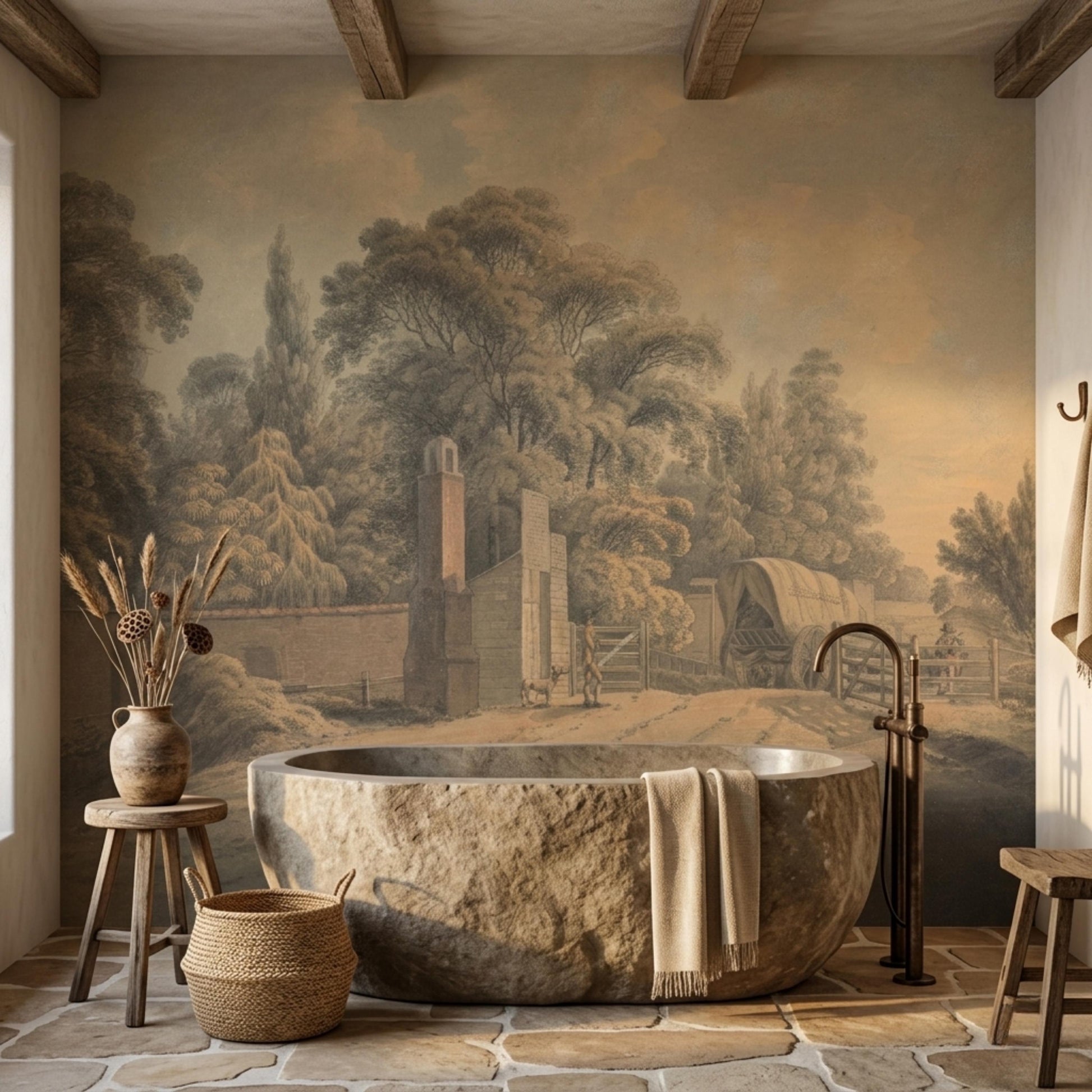 Sepia Landscape Wall Mural, Vintage Pastoral Wallpaper Peel and Stick, Antique Nature Scenic Wall Decor, Rustic Farmhouse Living Room-WP0102