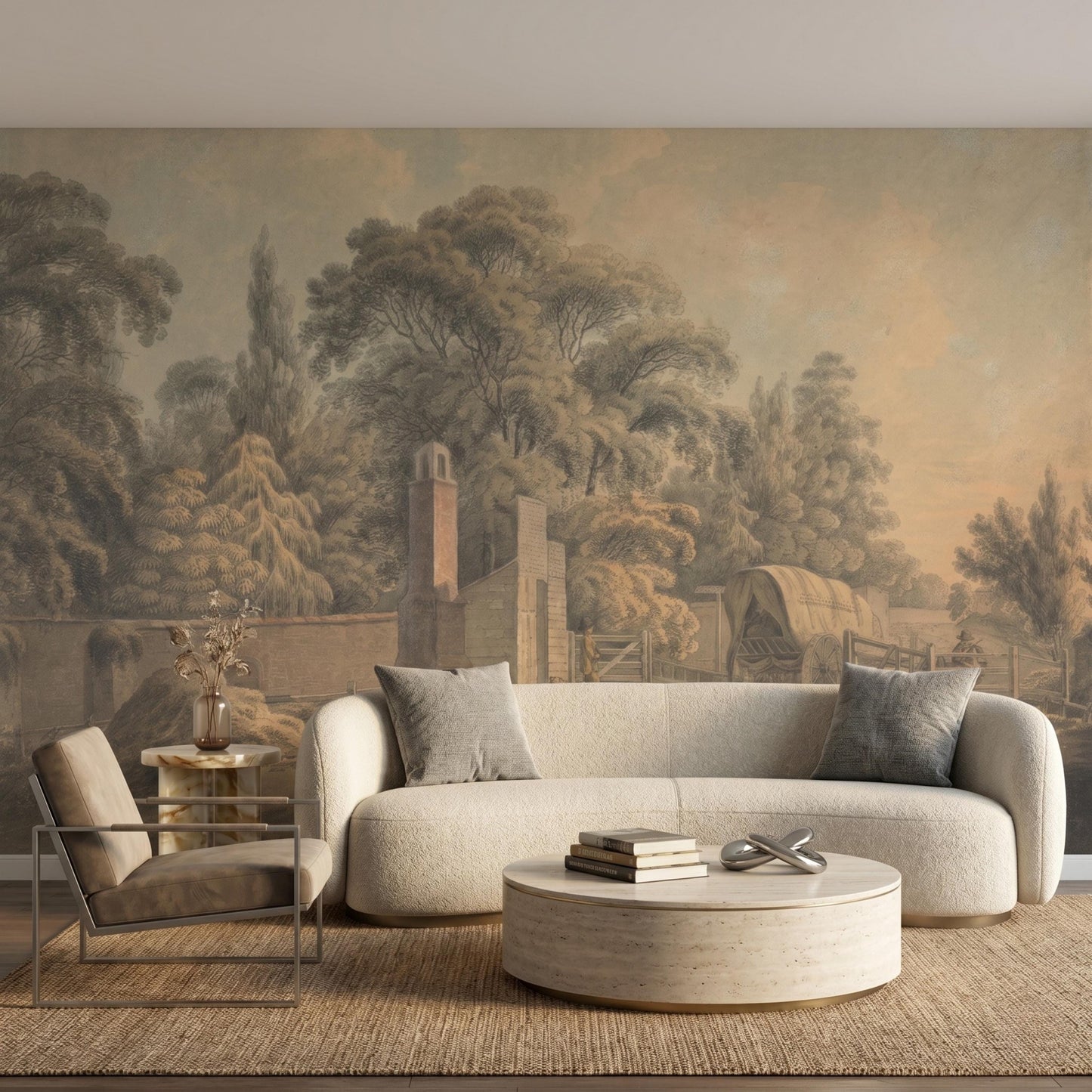 Sepia Landscape Wall Mural, Vintage Pastoral Wallpaper Peel and Stick, Antique Nature Scenic Wall Decor, Rustic Farmhouse Living Room-WP0102