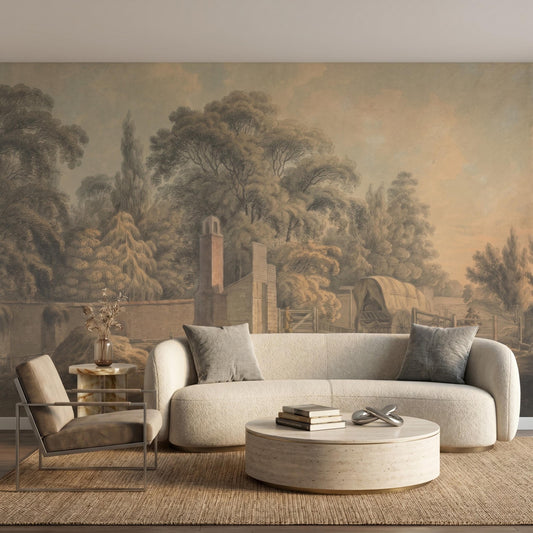 Sepia Landscape Wall Mural, Vintage Pastoral Wallpaper Peel and Stick, Antique Nature Scenic Wall Decor, Rustic Farmhouse Living Room-WP0102