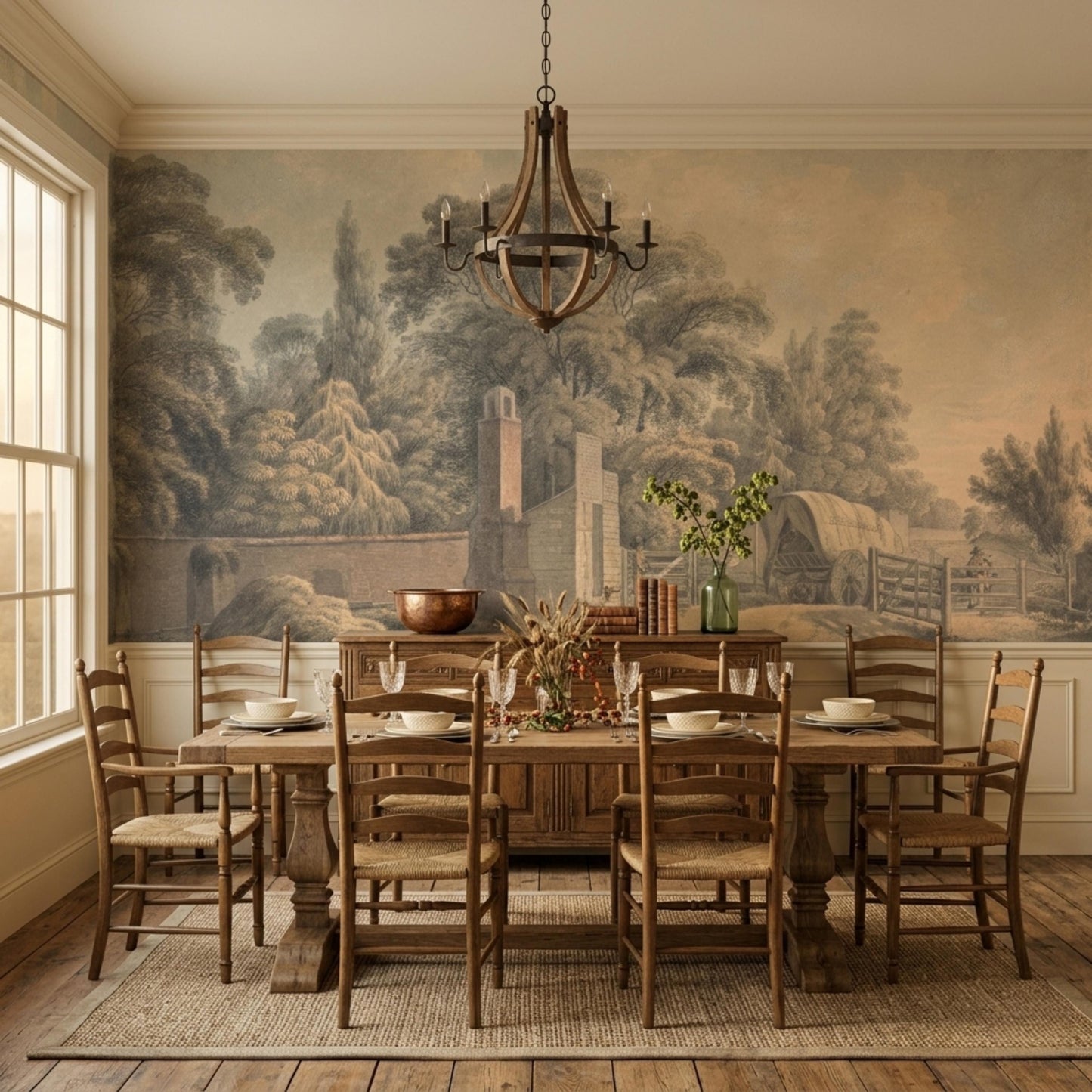 Sepia Landscape Wall Mural, Vintage Pastoral Wallpaper Peel and Stick, Antique Nature Scenic Wall Decor, Rustic Farmhouse Living Room-WP0102