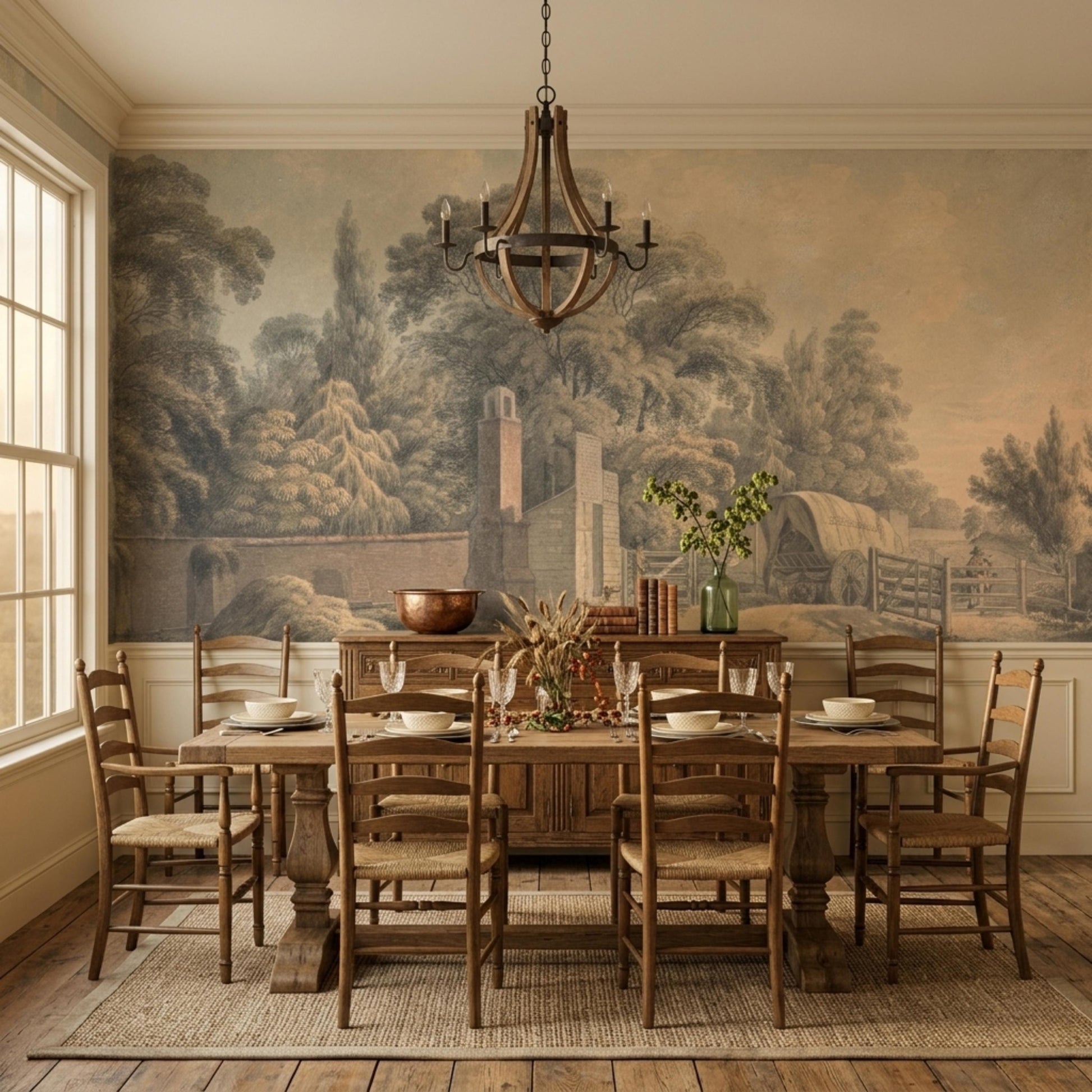 Sepia Landscape Wall Mural, Vintage Pastoral Wallpaper Peel and Stick, Antique Nature Scenic Wall Decor, Rustic Farmhouse Living Room-WP0102