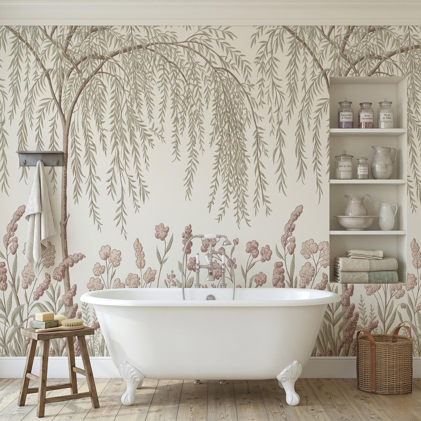 Vintage Willow Tree Wallpaper, Muted Floral Wall Mural, Peel and Stick Botanical Wallpaper, Elegant Living Room Decor-WP0103