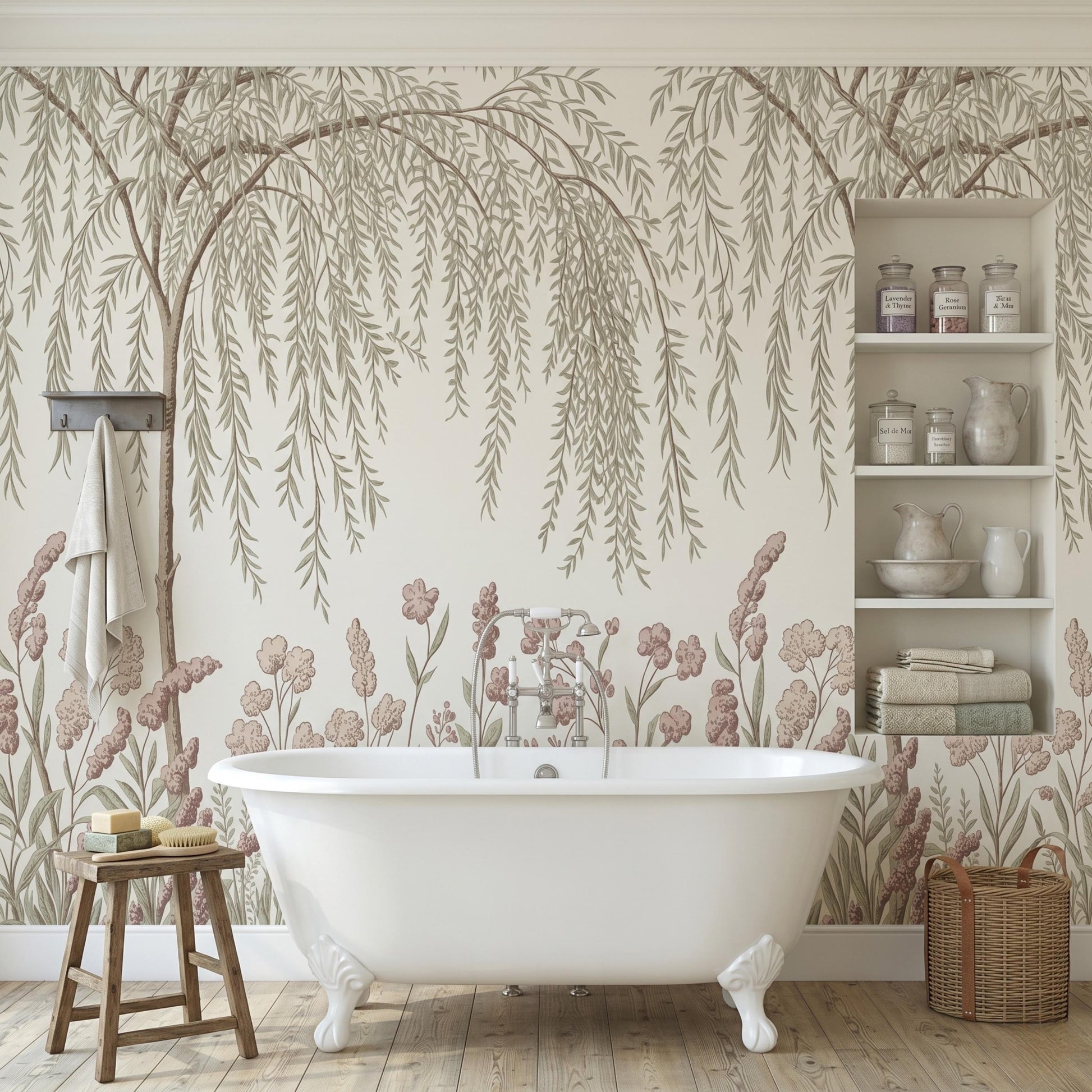 Vintage Willow Tree Wallpaper, Muted Floral Wall Mural, Peel and Stick Botanical Wallpaper, Elegant Living Room Decor-WP0103
