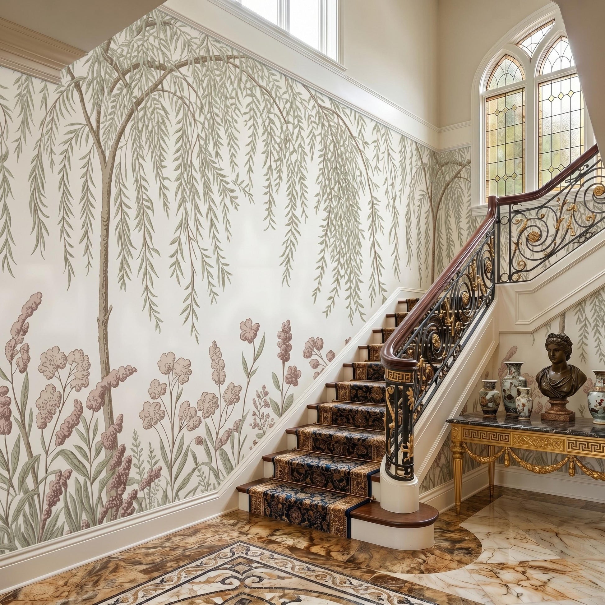 Vintage Willow Tree Wallpaper, Muted Floral Wall Mural, Peel and Stick Botanical Wallpaper, Elegant Living Room Decor-WP0103