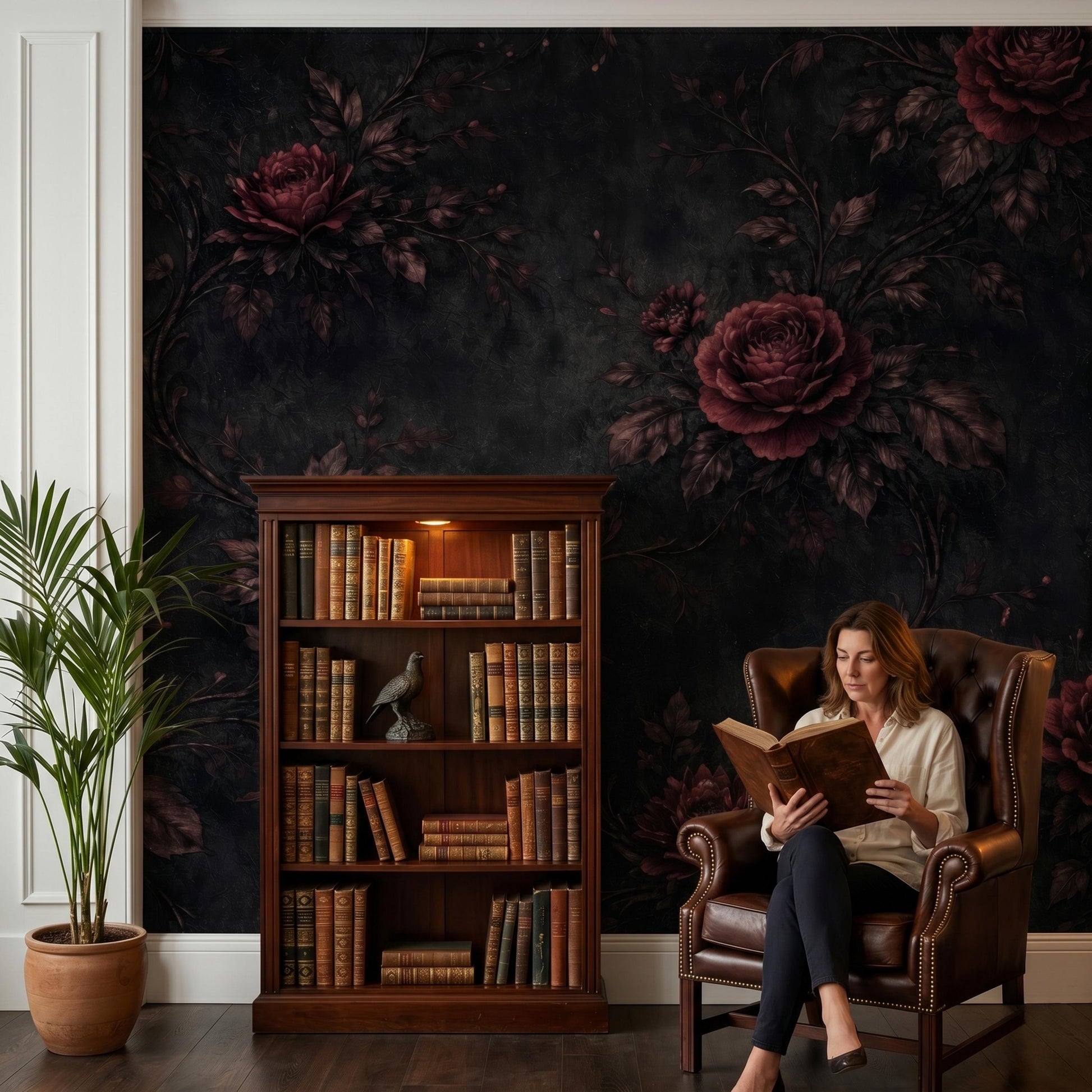 Dark Floral Wallpaper – Gothic Victorian Rose Mural, Dark Academia Removable Wall Art-WP0044