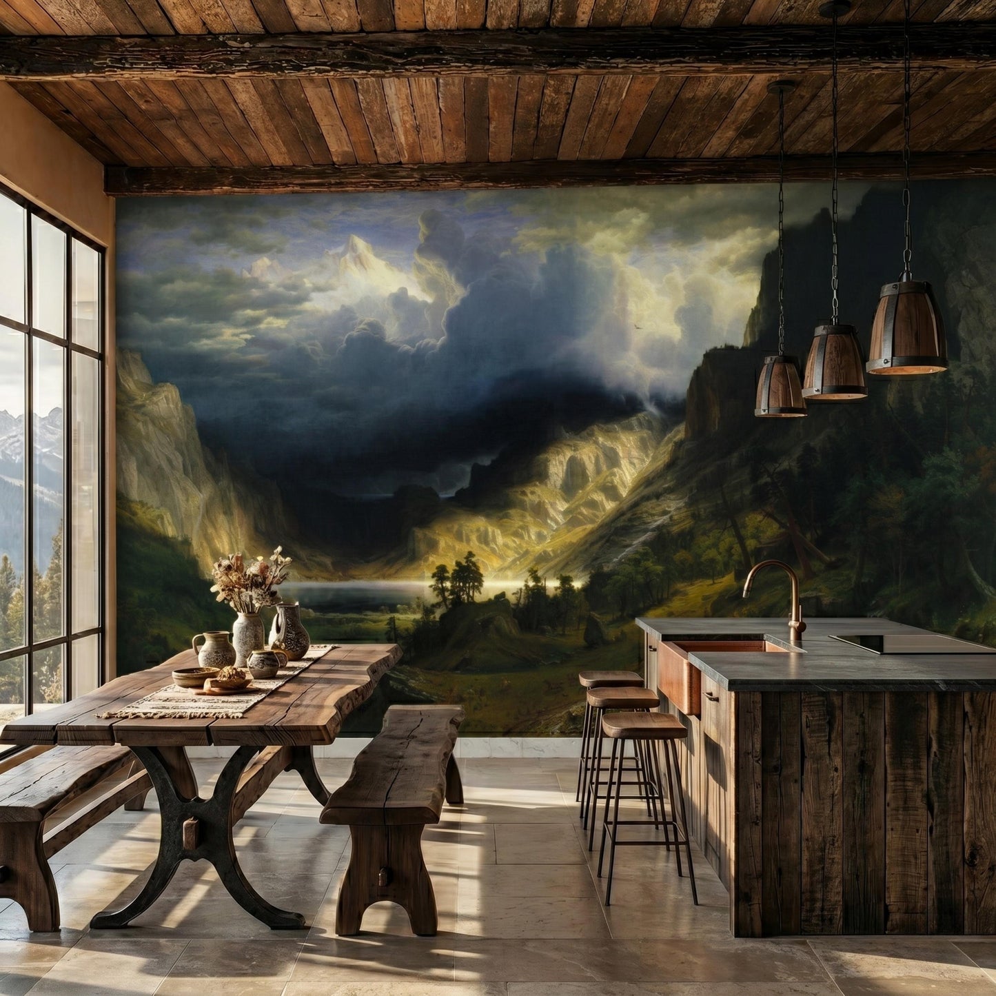 Classic Landscape Wallpaper Mural | Vintage Mountain Oil Painting Wall Decor Peel and Stick-WP0106
