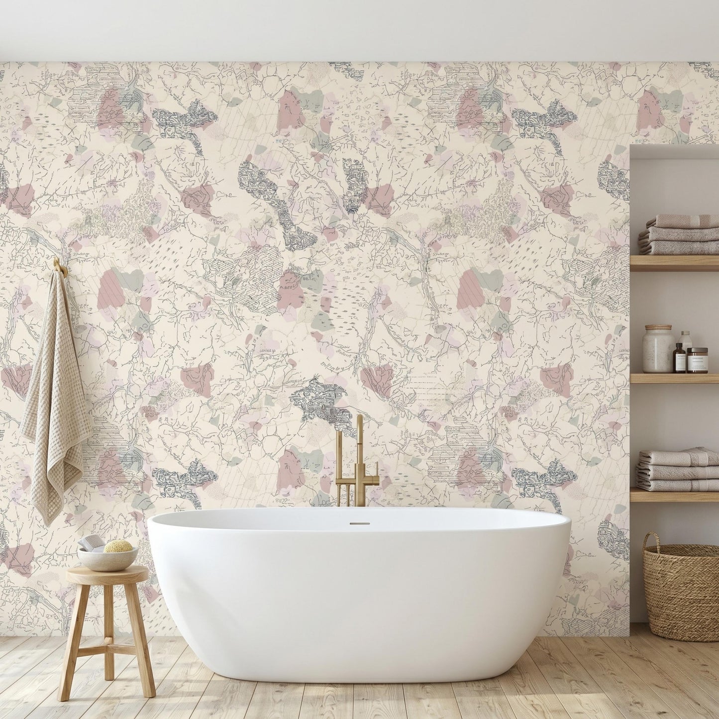 Vintage Abstract Map Wallpaper Peel and Stick, Pastel Cartography Wall Mural, Neutral Boho Room Decor, Removable Topography Wallpaper-WP0107