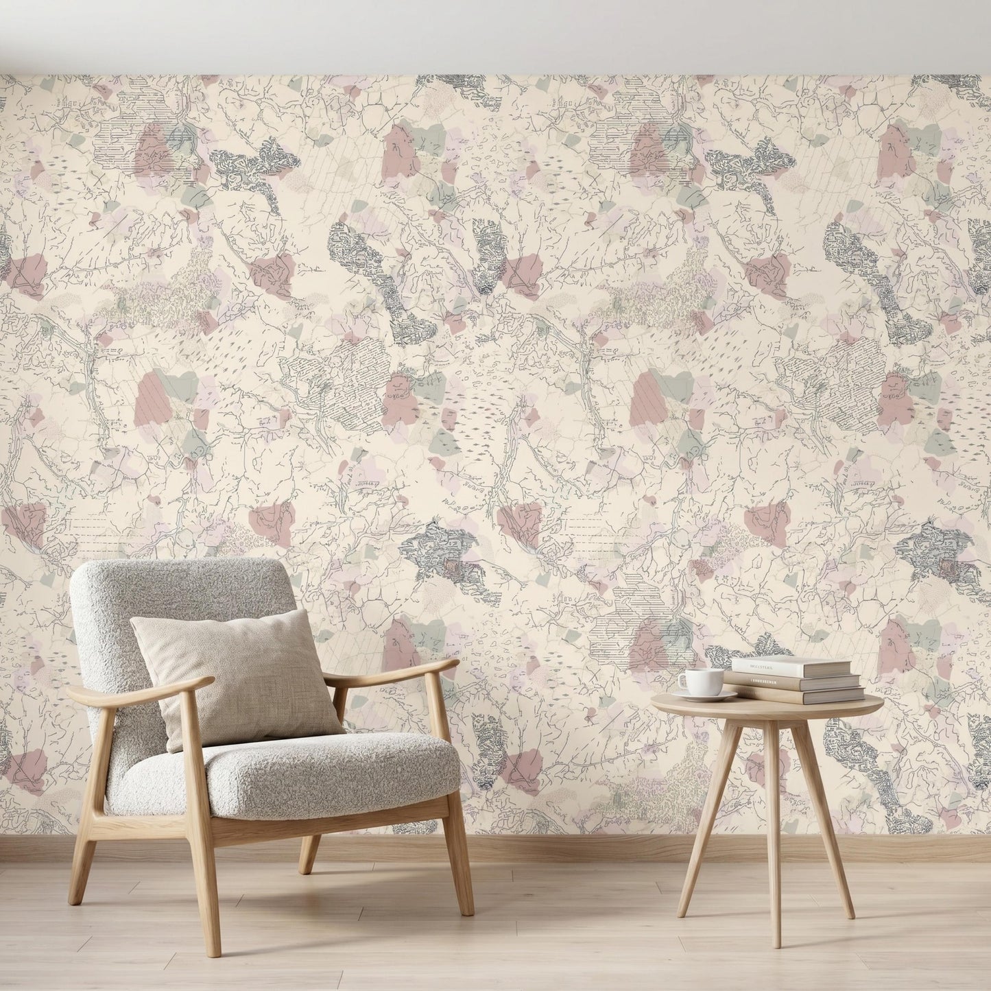Vintage Abstract Map Wallpaper Peel and Stick, Pastel Cartography Wall Mural, Neutral Boho Room Decor, Removable Topography Wallpaper-WP0107