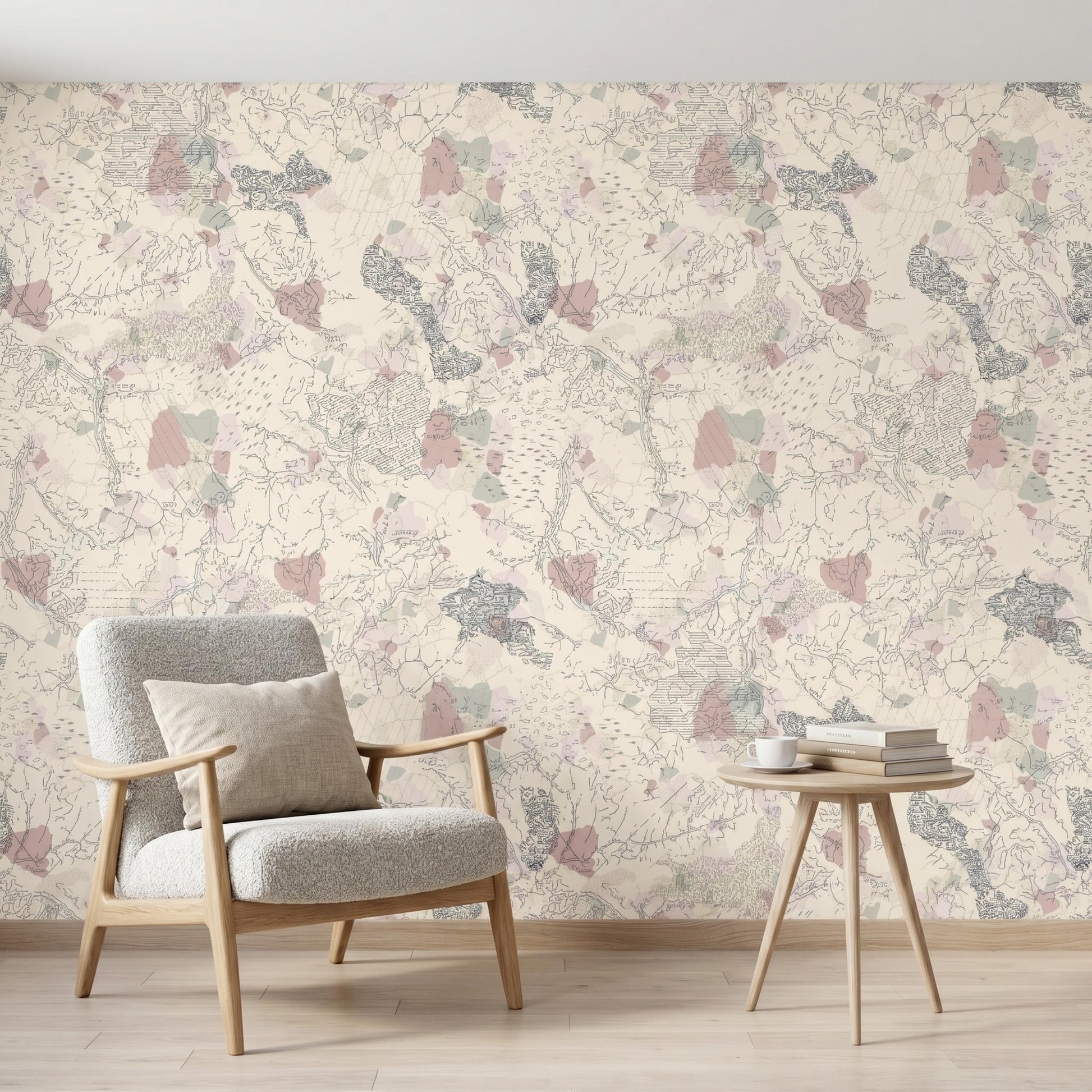 Vintage Abstract Map Wallpaper Peel and Stick, Pastel Cartography Wall Mural, Neutral Boho Room Decor, Removable Topography Wallpaper-WP0107