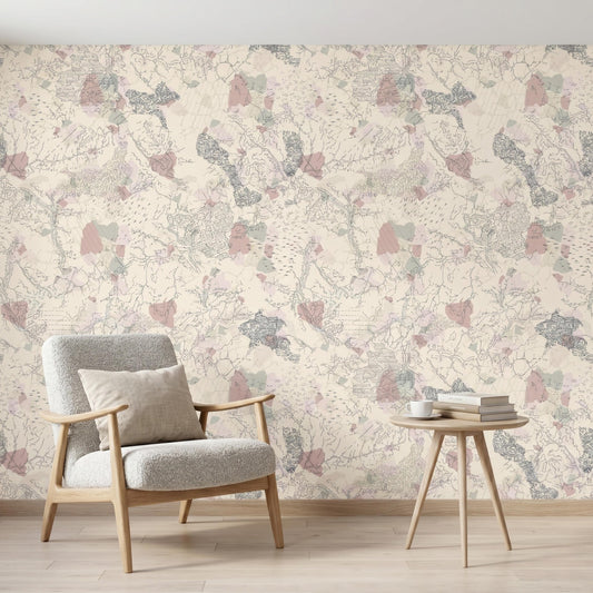 Vintage Abstract Map Wallpaper Peel and Stick, Pastel Cartography Wall Mural, Neutral Boho Room Decor, Removable Topography Wallpaper-WP0107