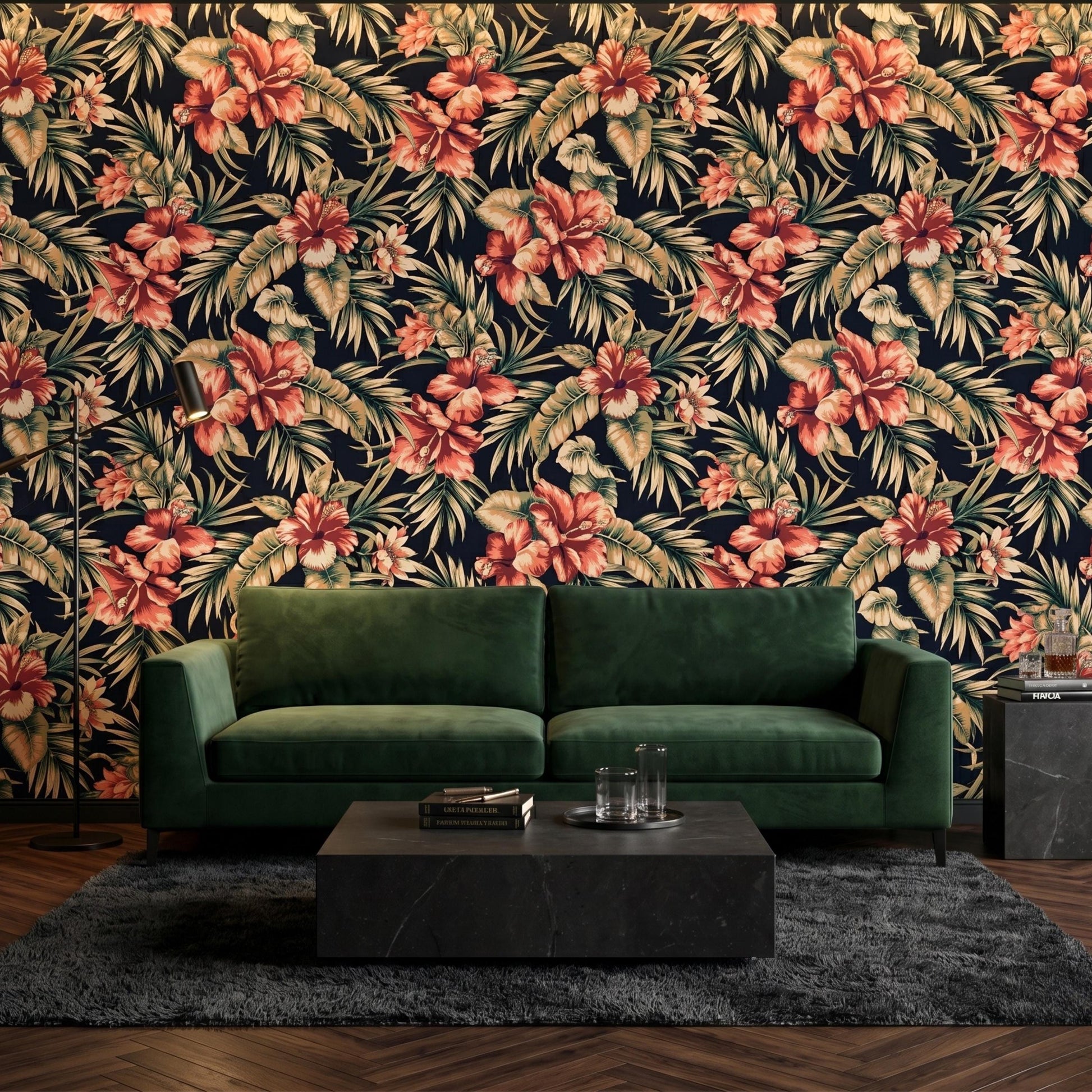 Dark Tropical Floral Wallpaper, Moody Red Hibiscus Wall Mural, Botanical Peel and Stick Wallpaper, Maximalist Decor-WP0108