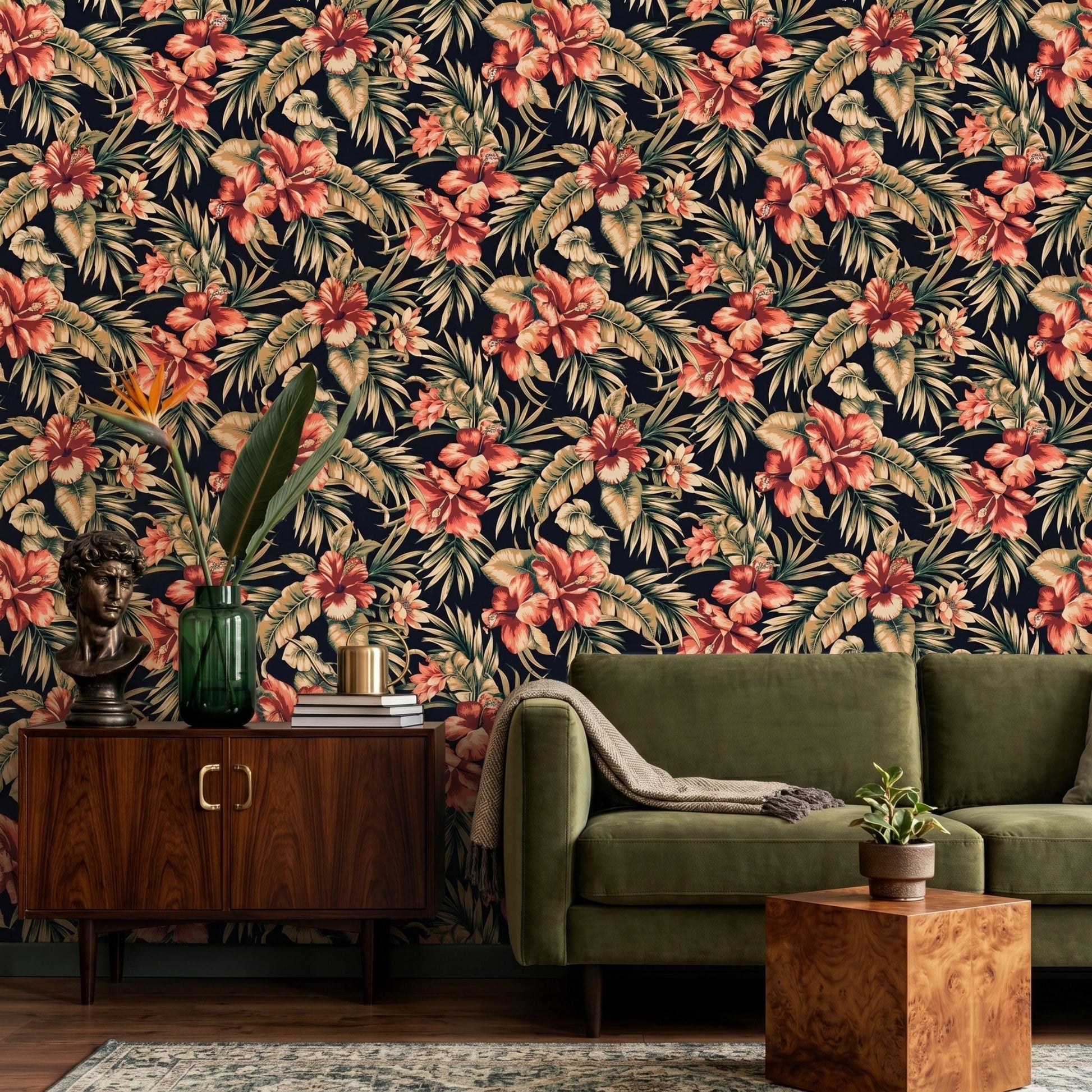 Dark Tropical Floral Wallpaper, Moody Red Hibiscus Wall Mural, Botanical Peel and Stick Wallpaper, Maximalist Decor-WP0108