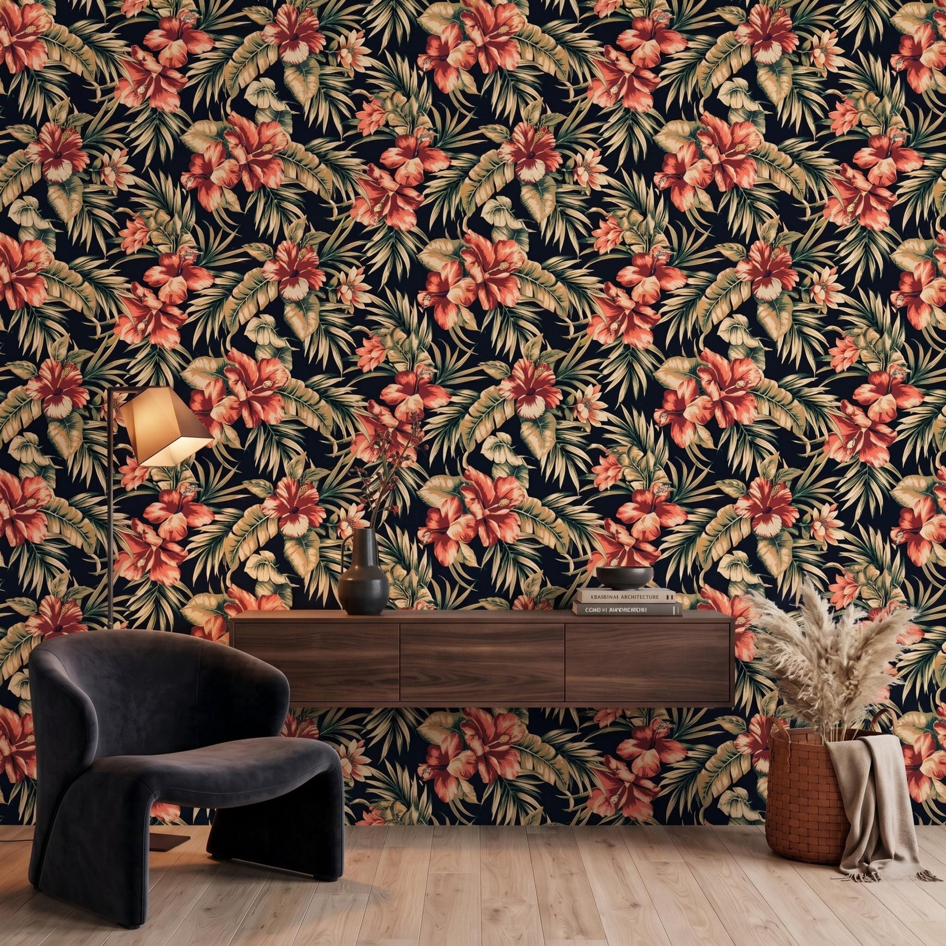 Dark Tropical Floral Wallpaper, Moody Red Hibiscus Wall Mural, Botanical Peel and Stick Wallpaper, Maximalist Decor-WP0108