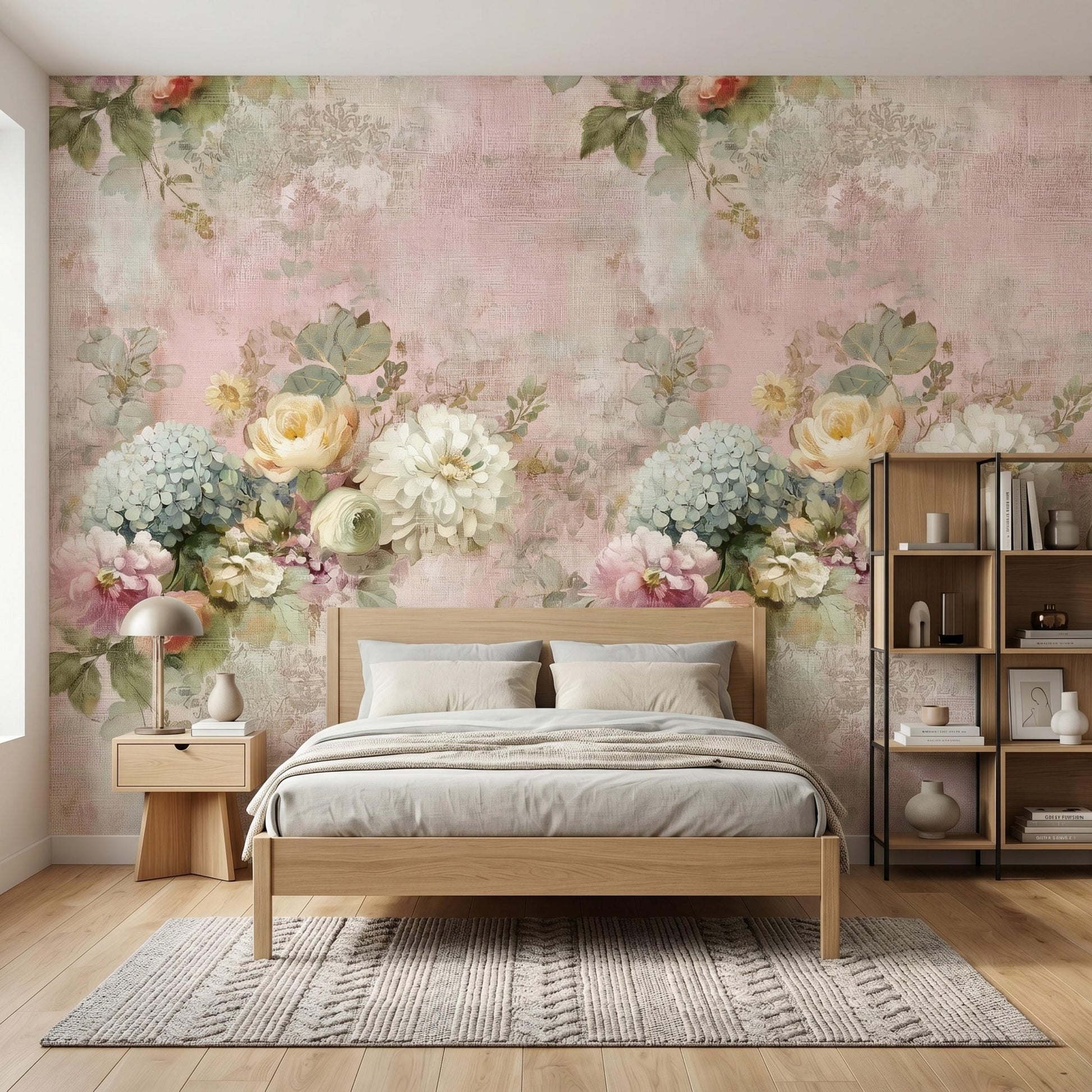 Blush Pink Shabby Chic Floral Wallpaper, Peel and Stick Victorian Rose Mural, Romantic Coquette Room Aesthetic, Antique Flower Decor-WP0109