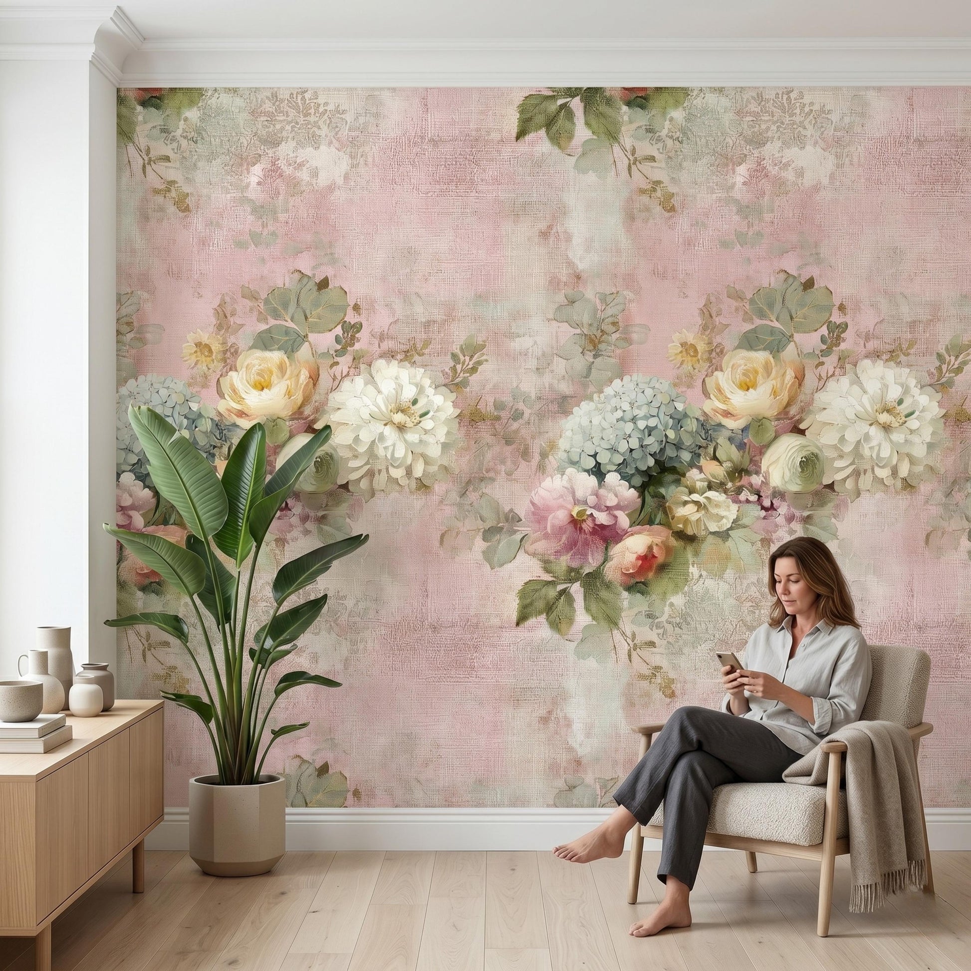 Blush Pink Shabby Chic Floral Wallpaper, Peel and Stick Victorian Rose Mural, Romantic Coquette Room Aesthetic, Antique Flower Decor-WP0109