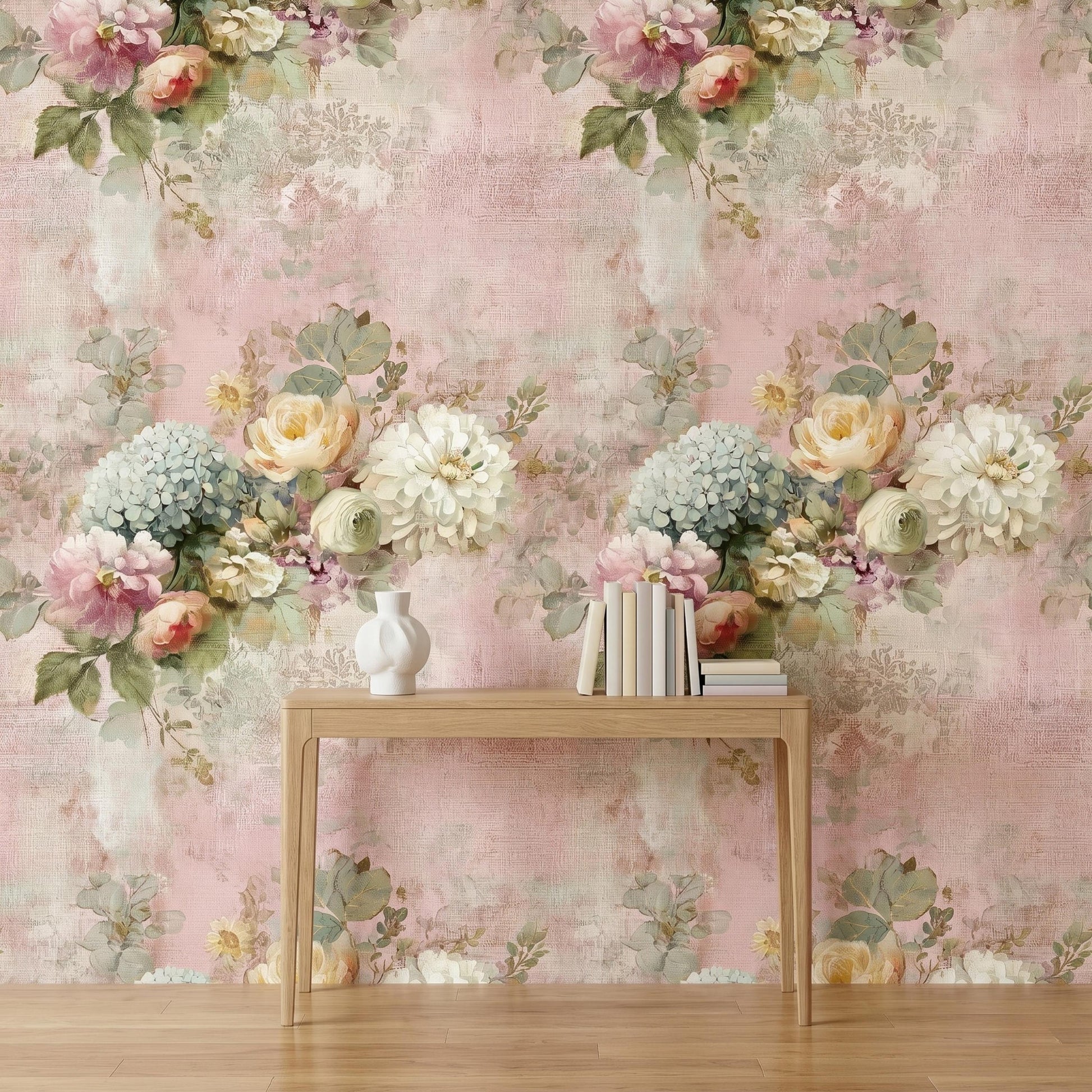 Blush Pink Shabby Chic Floral Wallpaper, Peel and Stick Victorian Rose Mural, Romantic Coquette Room Aesthetic, Antique Flower Decor-WP0109