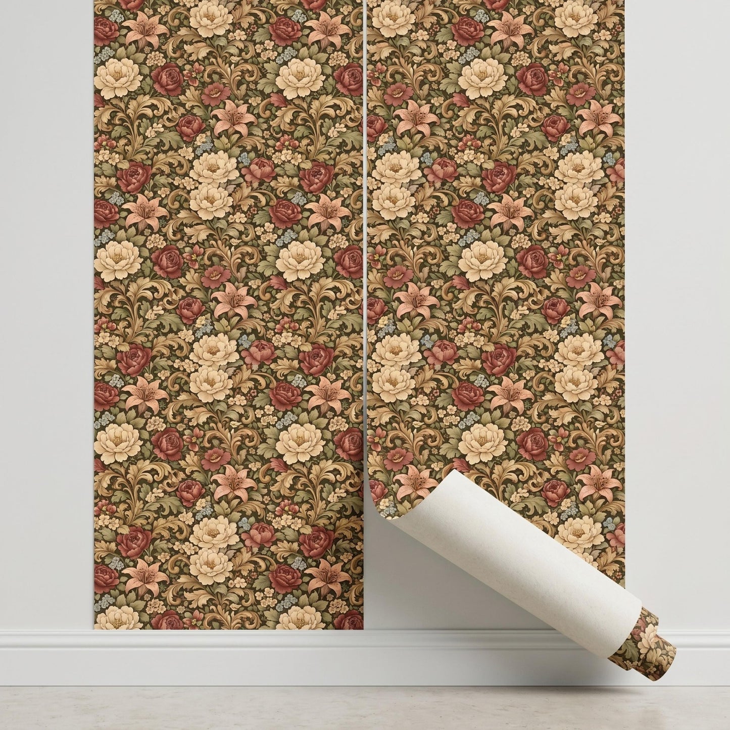 Olive Green Floral Wallpaper, William Morris Style Botanical Wall Decor, Vintage Peel and Stick Wallpaper-WP0069