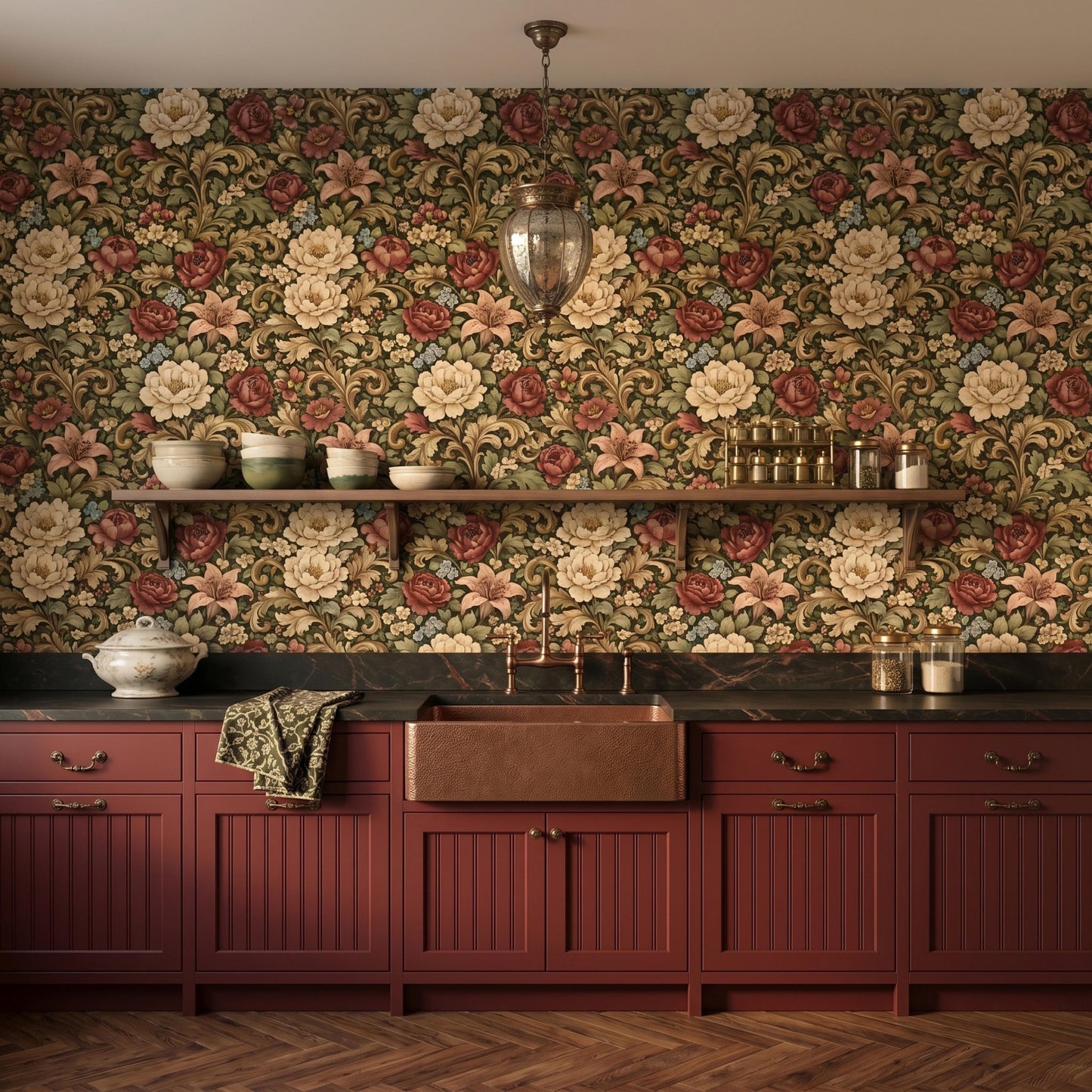 Olive Green Floral Wallpaper, William Morris Style Botanical Wall Decor, Vintage Peel and Stick Wallpaper-WP0069